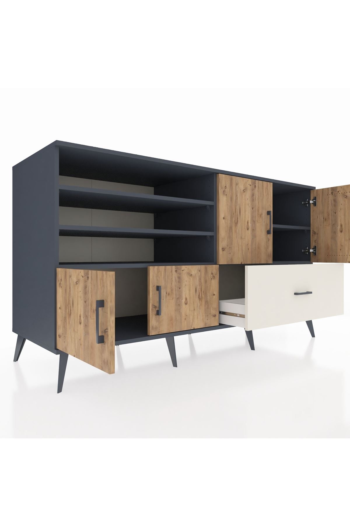 Kronos Konsol 5 Raflı Tek Çekmeceli 4 Kapaklı 176x59x99 Antrasit-Çam/Aytaşı