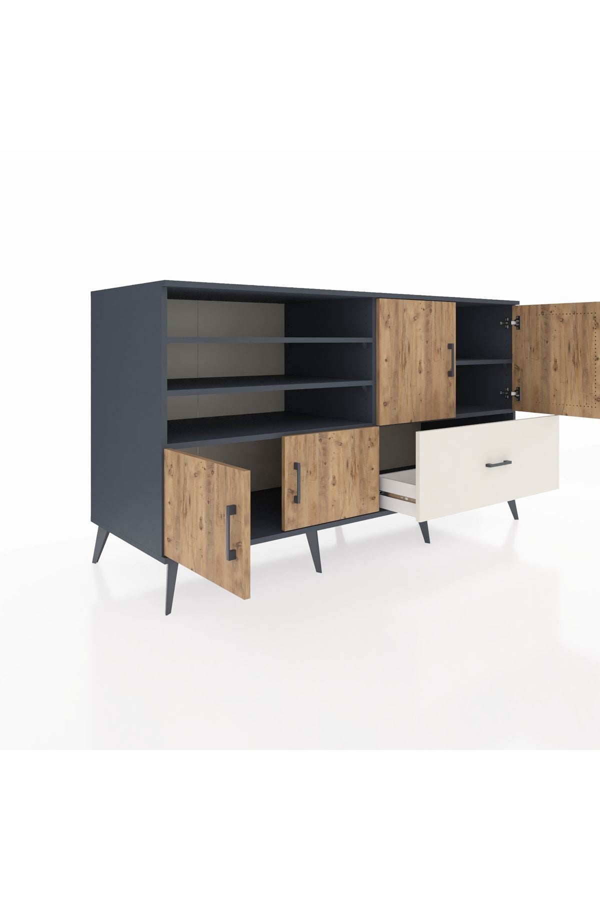 Kronos Konsol 5 Raflı Tek Çekmeceli 4 Kapaklı 176x59x99 Antrasit-Çam/Aytaşı