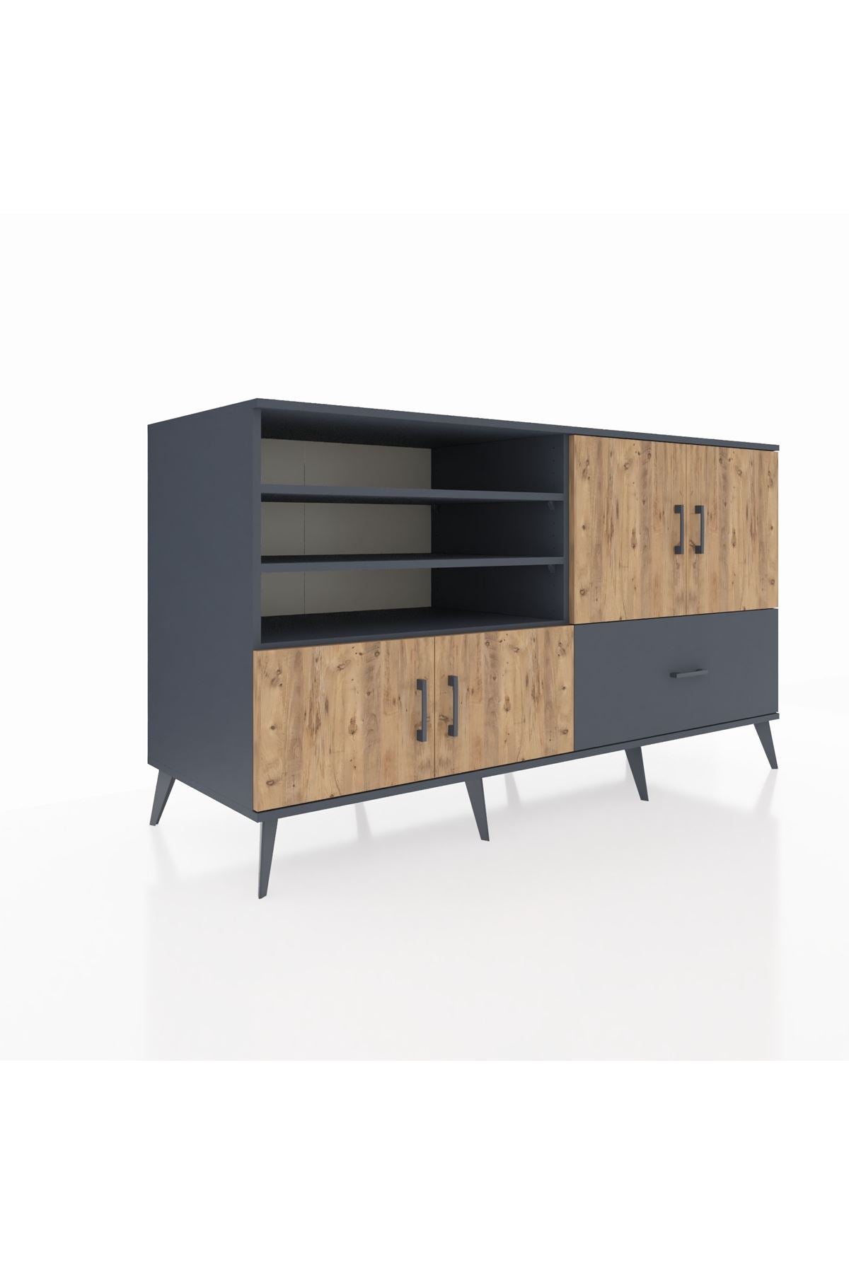 Kronos Konsol 5 Raflı Tek Çekmeceli 4 Kapaklı 176x59x99 Antrasit-Çam/Antrasit