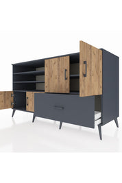 Kronos Konsol 5 Raflı Tek Çekmeceli 4 Kapaklı 176x59x99 Antrasit-Çam/Antrasit