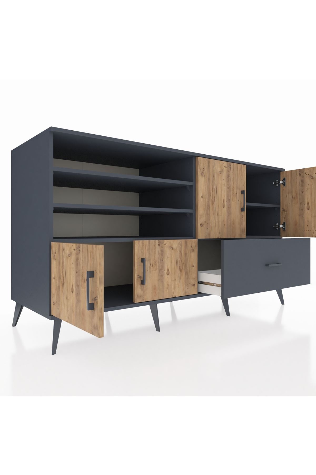 Kronos Konsol 5 Raflı Tek Çekmeceli 4 Kapaklı 176x59x99 Antrasit-Çam/Antrasit