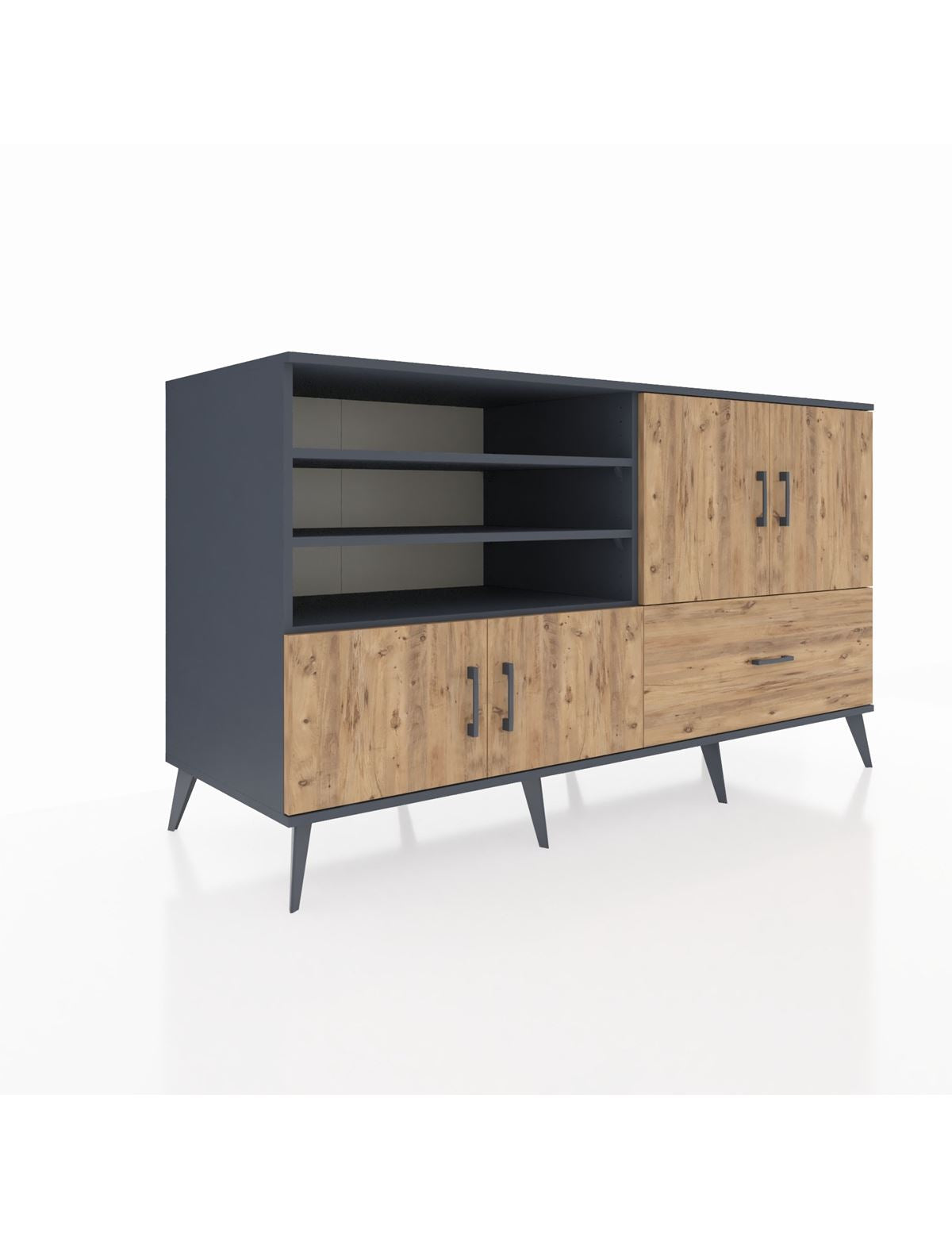 Kronos Konsol 5 Raflı Tek Çekmeceli 4 Kapaklı 176x59x99 Antrasit-Çam