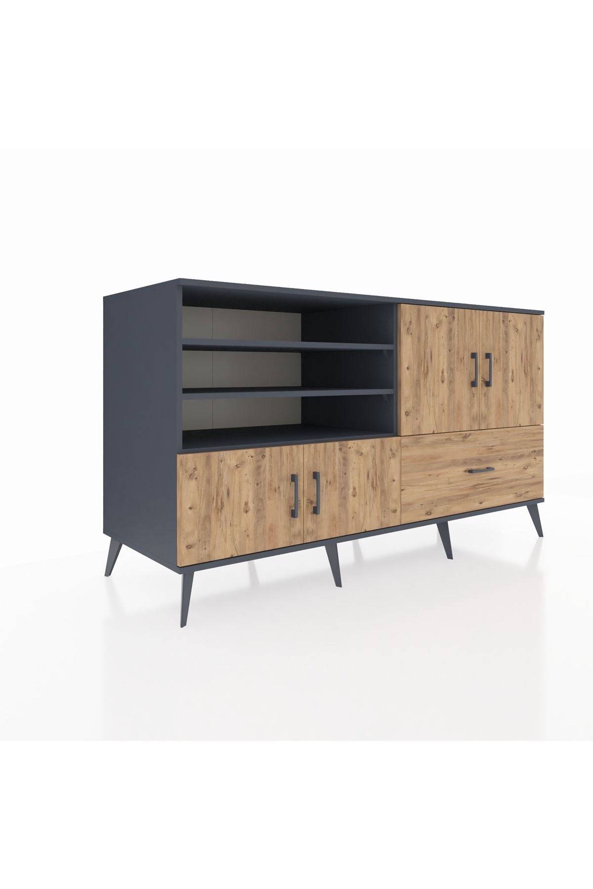 Kronos Konsol 5 Raflı Tek Çekmeceli 4 Kapaklı 176x59x99 Antrasit-Çam