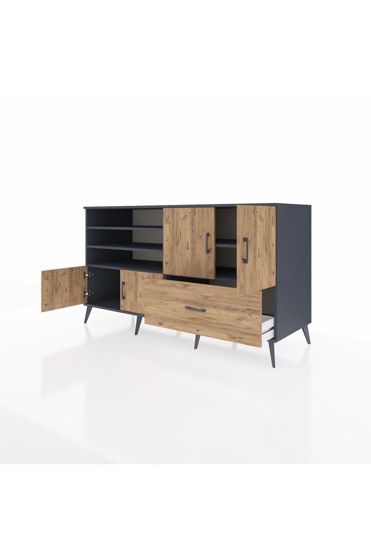 Kronos Konsol 5 Raflı Tek Çekmeceli 4 Kapaklı 176x59x99 Antrasit-Çam