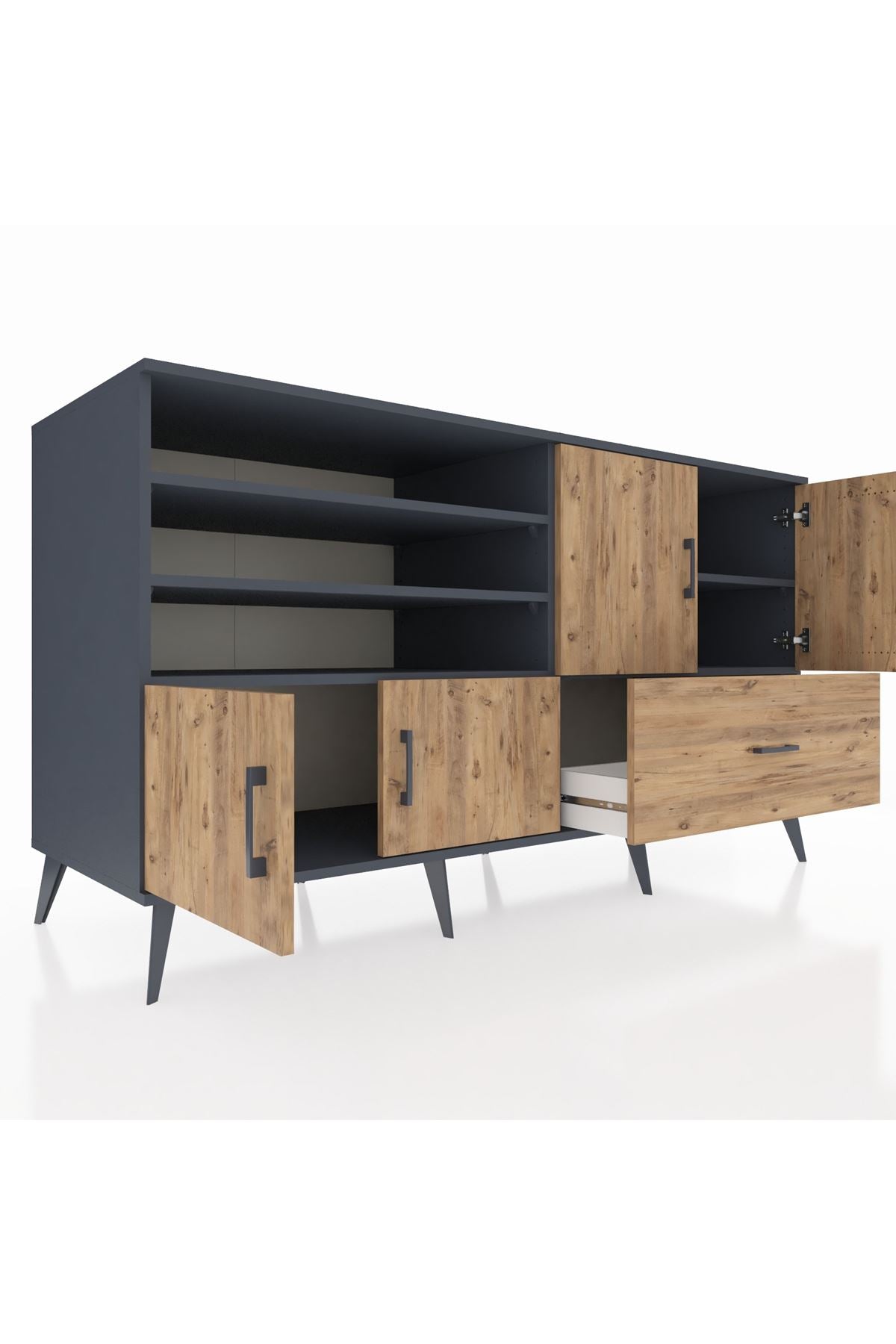 Kronos Konsol 5 Raflı Tek Çekmeceli 4 Kapaklı 176x59x99 Antrasit-Çam