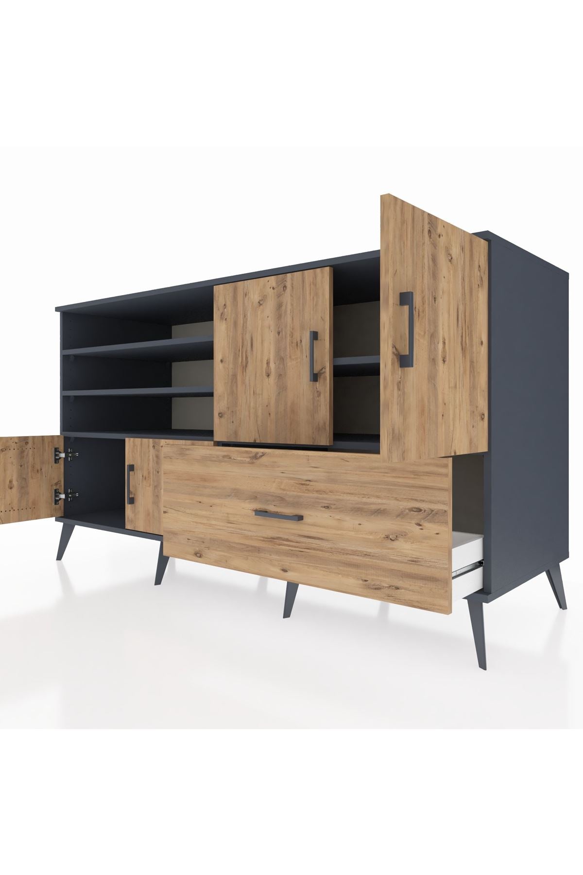 Kronos Konsol 5 Raflı Tek Çekmeceli 4 Kapaklı 176x59x99 Antrasit-Çam