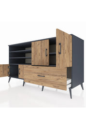 Kronos Konsol 5 Raflı Tek Çekmeceli 4 Kapaklı 176x59x99 Antrasit-Çam