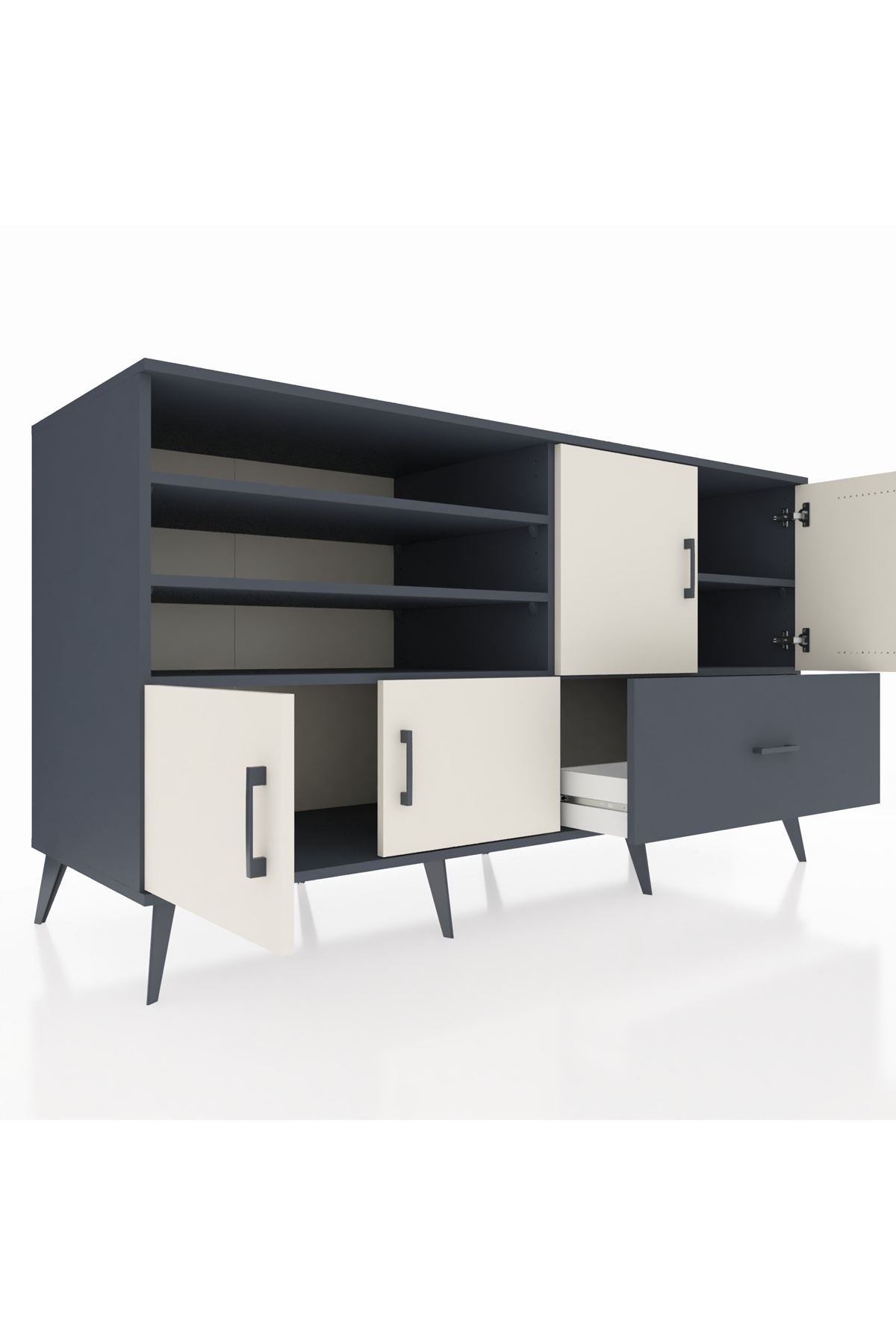 Kronos Konsol 5 Raflı Tek Çekmeceli 4 Kapaklı 176x59x99 Antrasit-Aytaşı/Antrasit