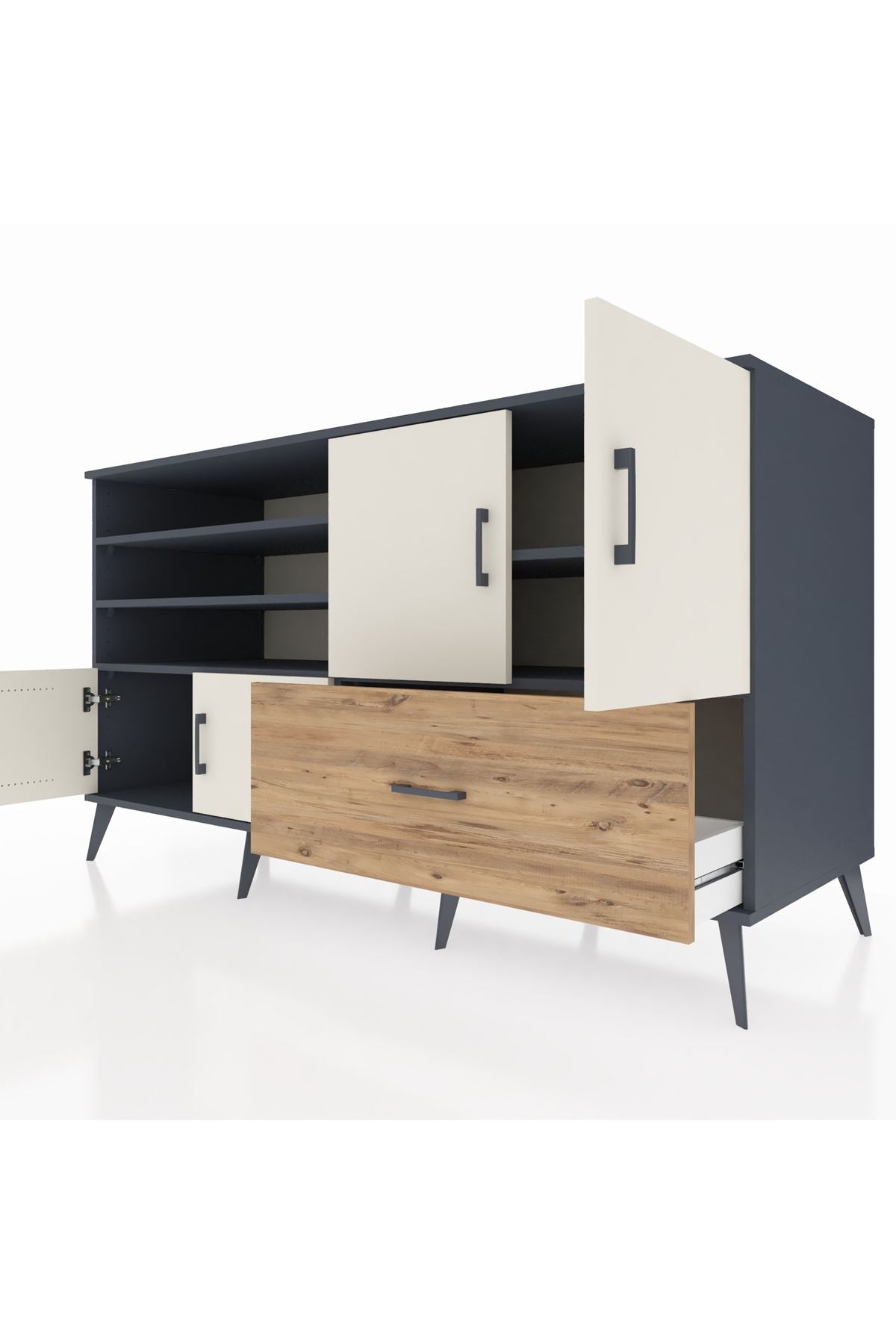 Kronos Konsol 5 Raflı Tek Çekmeceli 4 Kapaklı 176x59x99 Antrasit-Aytaşı/Çam