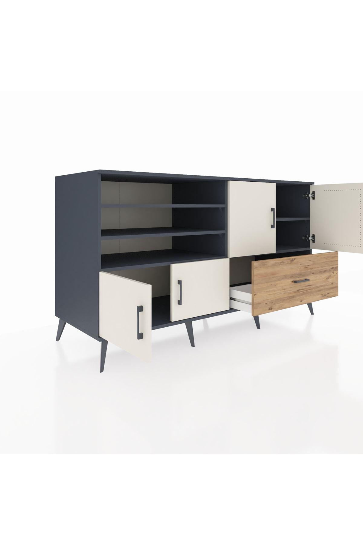 Kronos Konsol 5 Raflı Tek Çekmeceli 4 Kapaklı 176x59x99 Antrasit-Aytaşı/Çam