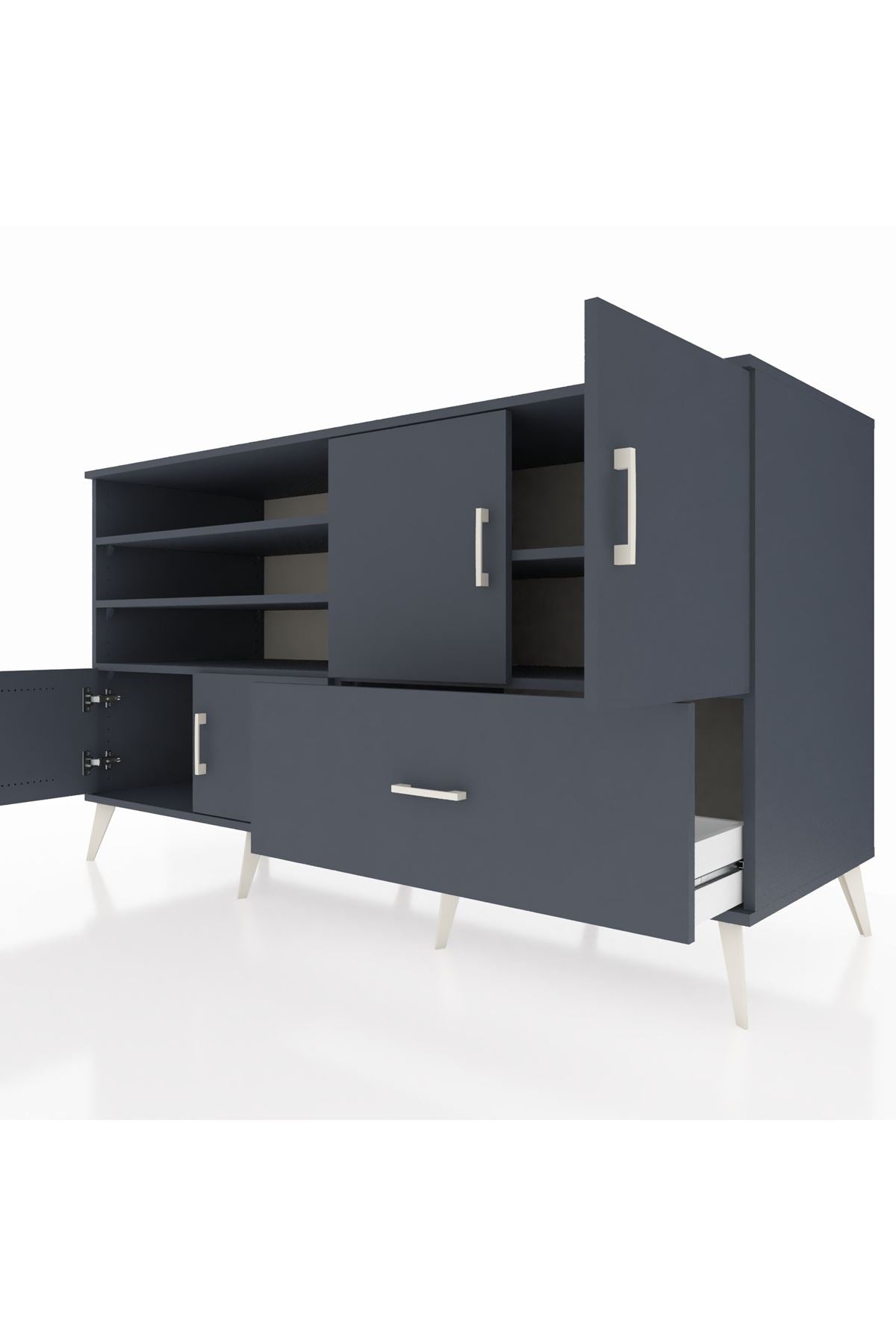 Kronos Konsol 5 Raflı Tek Çekmeceli 4 Kapaklı 176x59x99 Antrasit-Antrasit