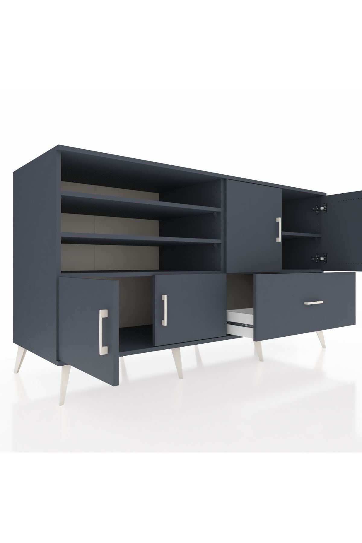 Kronos Konsol 5 Raflı Tek Çekmeceli 4 Kapaklı 176x59x99 Antrasit-Antrasit