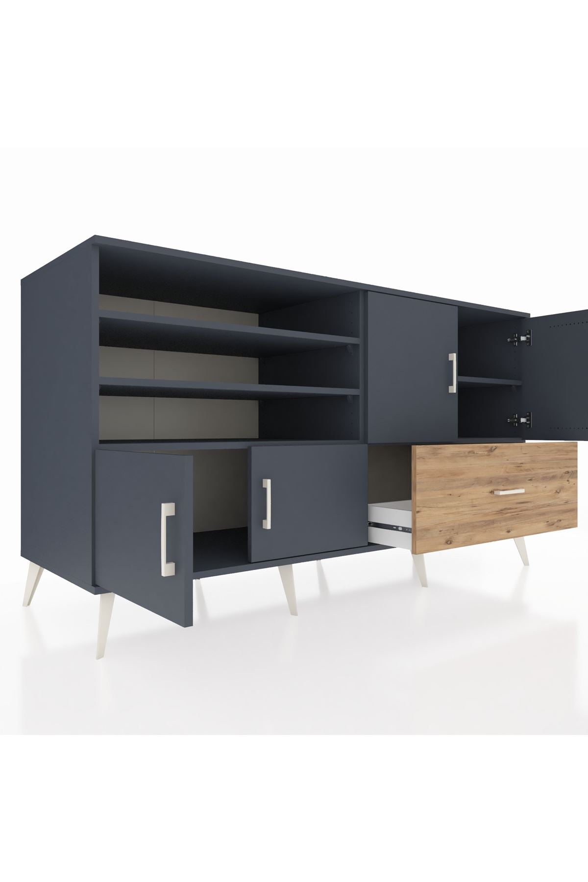 Kronos Konsol 5 Raflı Tek Çekmeceli 4 Kapaklı 176x59x99 Antrasit-Antrasit/Çam