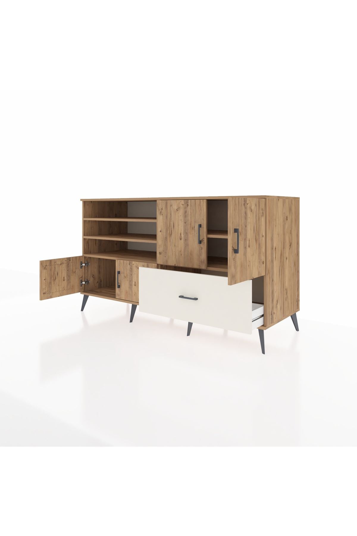 Kronos Konsol 5 Raflı Tek Çekmeceli 4 Kapaklı 176x59x99 Çam-Çam/Aytaşı