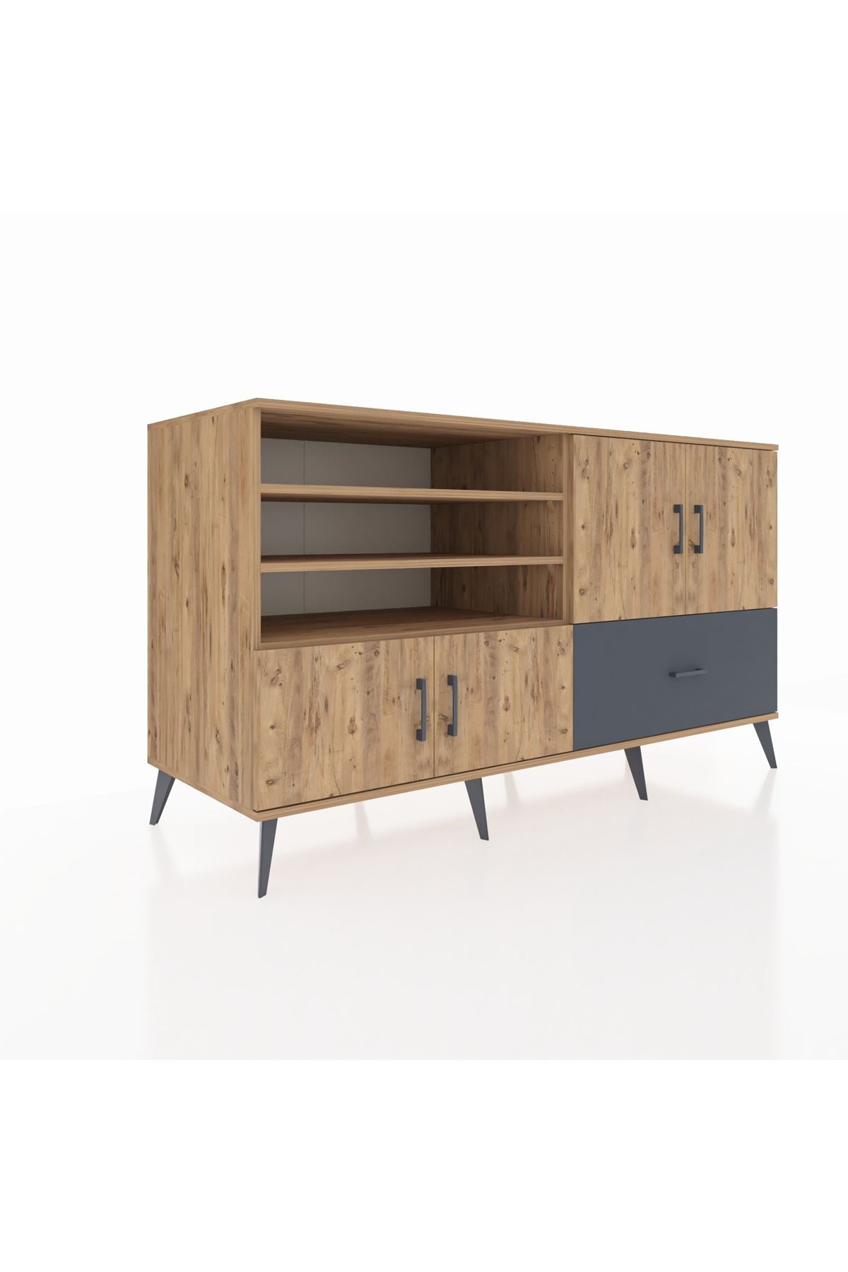 Kronos Konsol 5 Raflı Tek Çekmeceli 4 Kapaklı 176x59x99 Çam-Çam/Antrasit