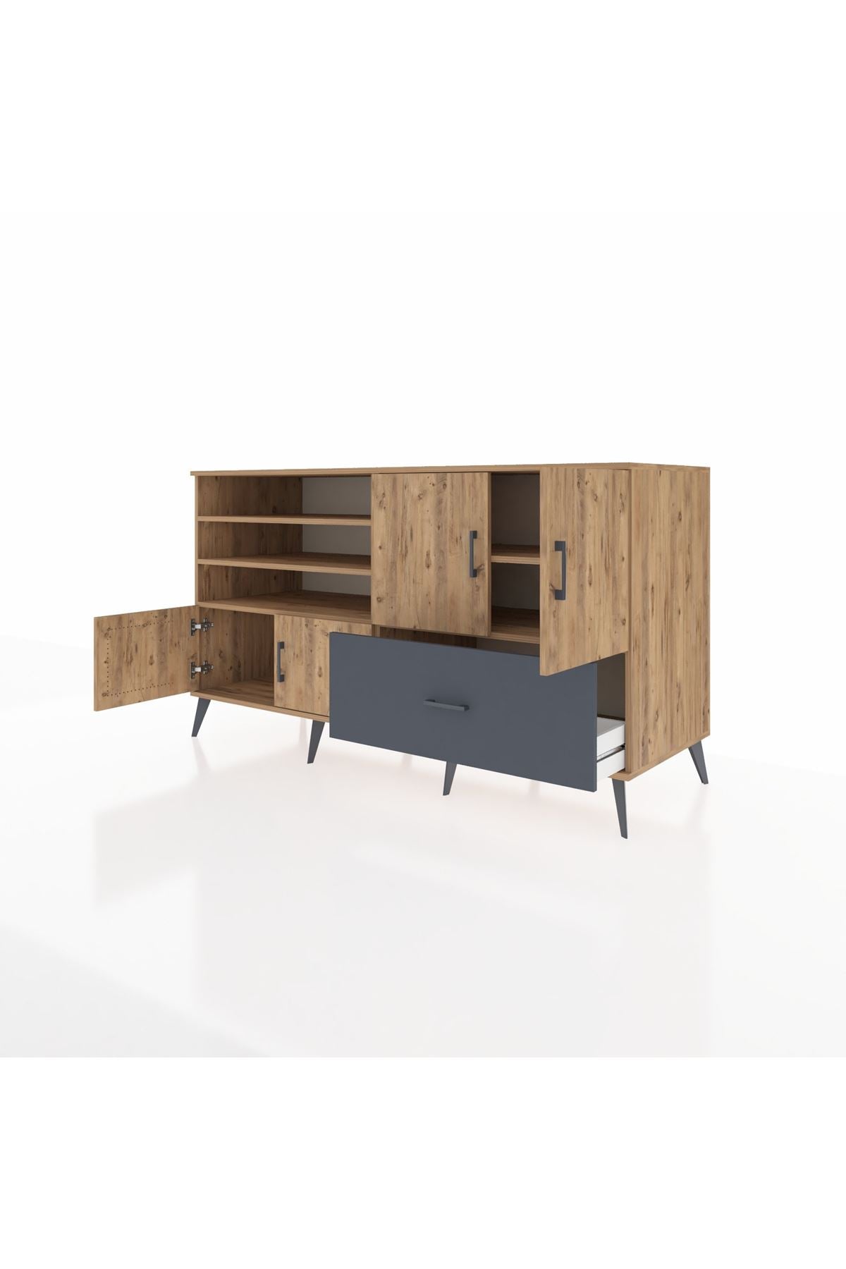 Kronos Konsol 5 Raflı Tek Çekmeceli 4 Kapaklı 176x59x99 Çam-Çam/Antrasit