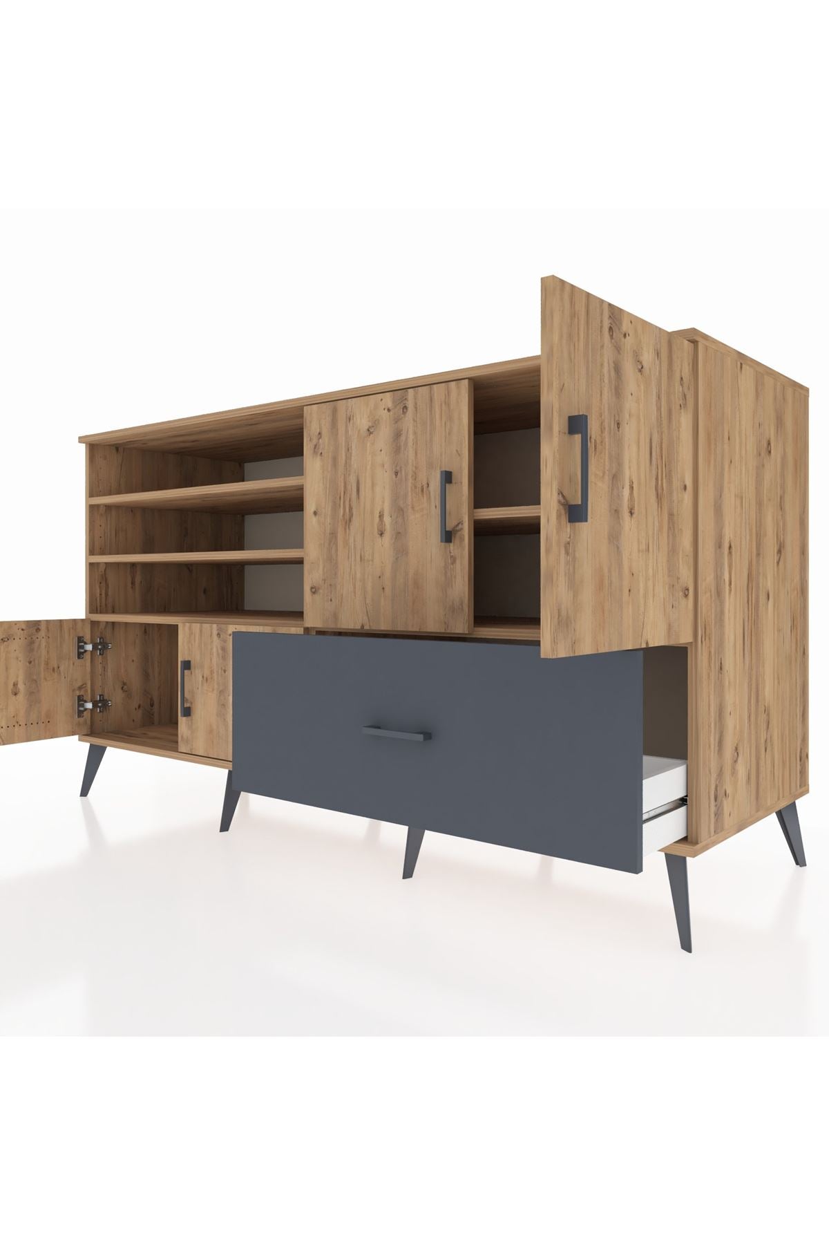 Kronos Konsol 5 Raflı Tek Çekmeceli 4 Kapaklı 176x59x99 Çam-Çam/Antrasit