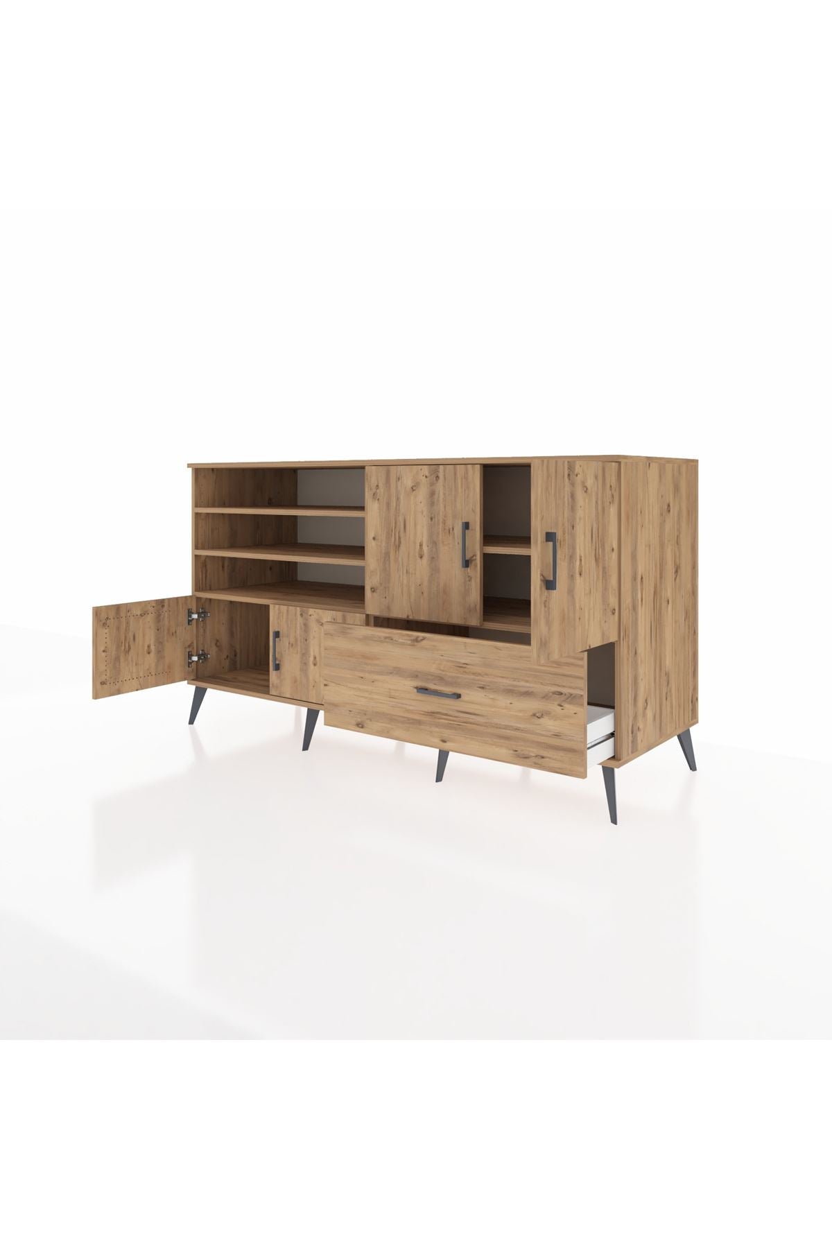 Kronos Konsol 5 Raflı Tek Çekmeceli 4 Kapaklı 176x59x99 Çam-Çam