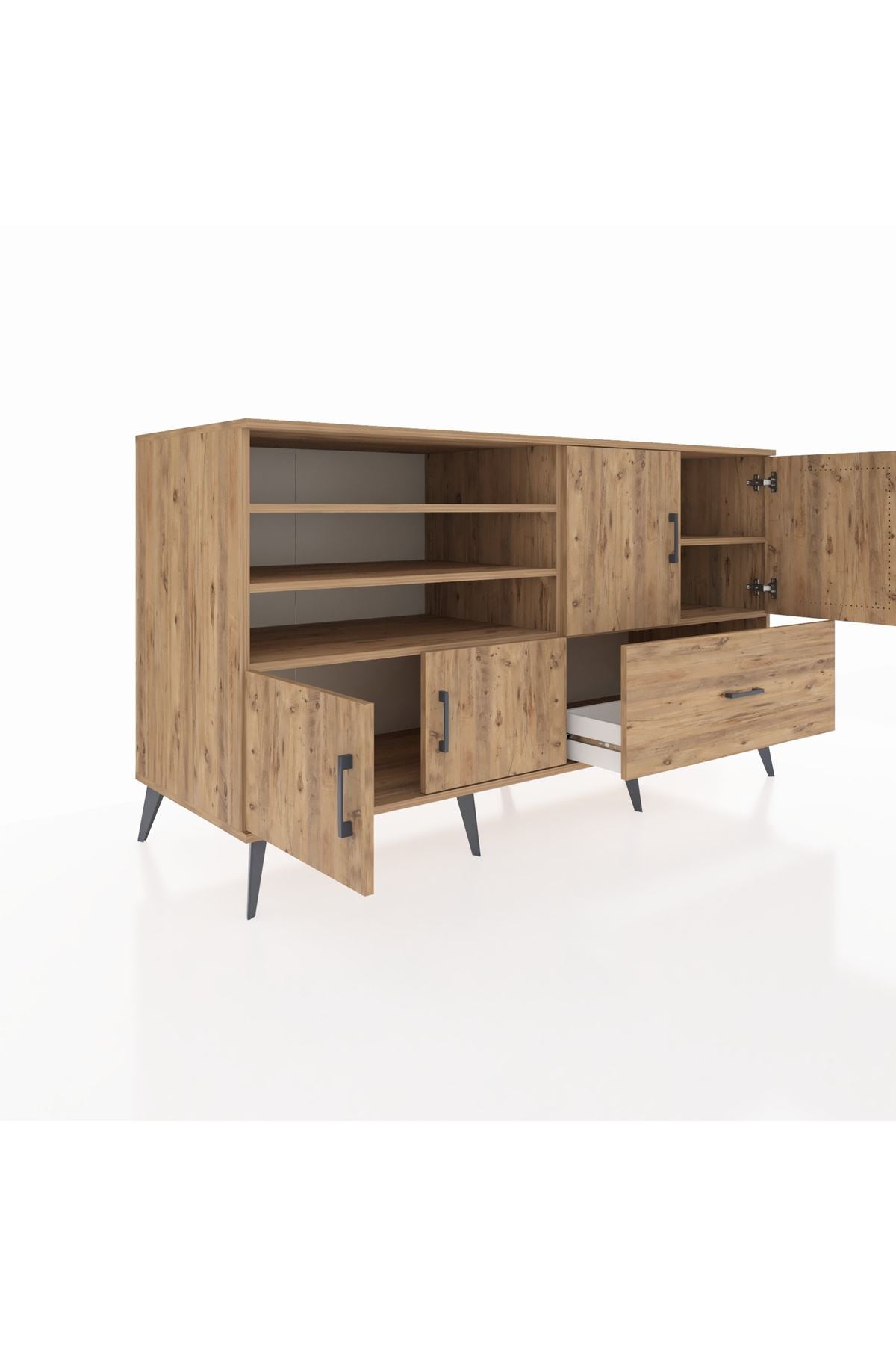 Kronos Konsol 5 Raflı Tek Çekmeceli 4 Kapaklı 176x59x99 Çam-Çam