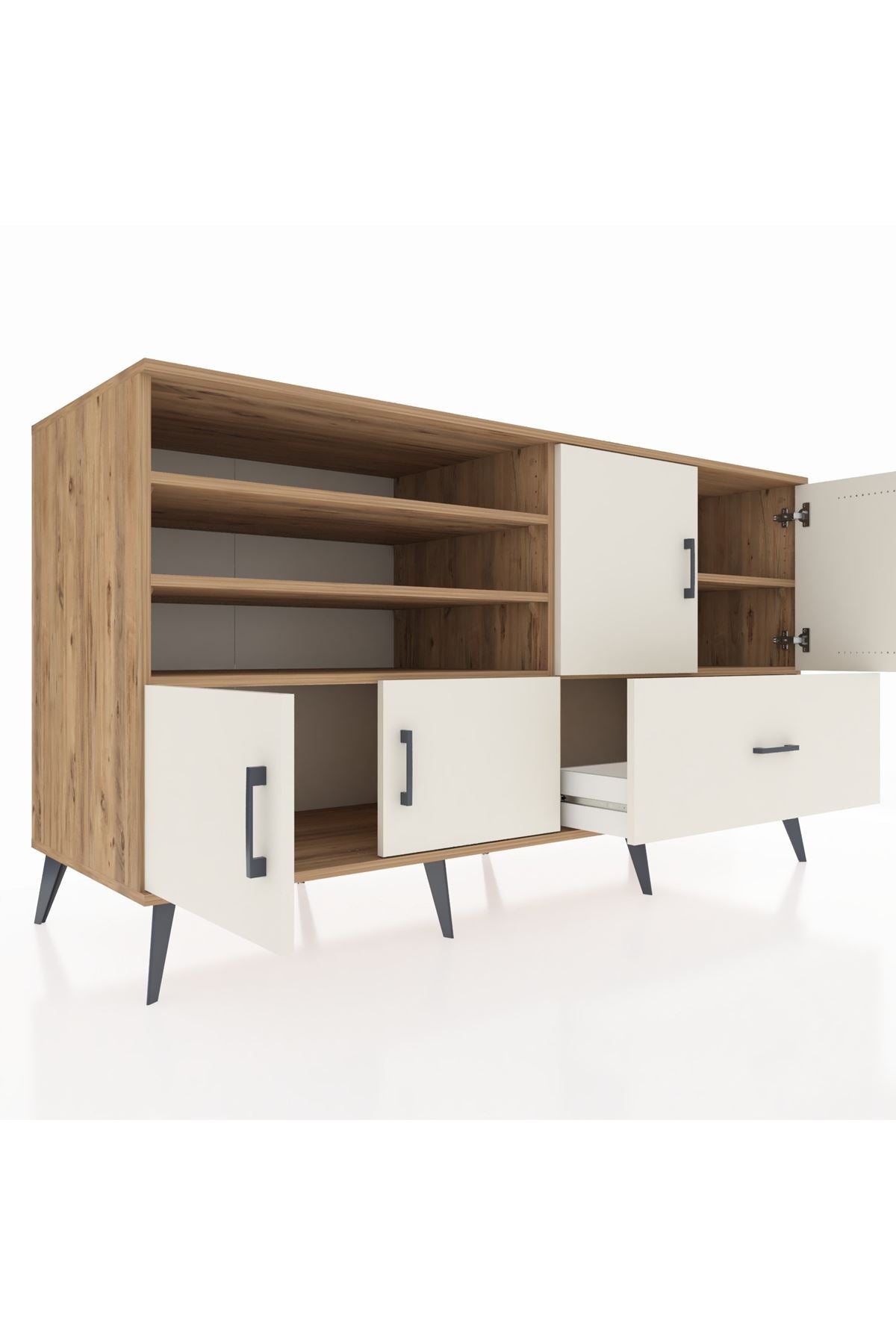 Kronos Konsol 5 Raflı Tek Çekmeceli 4 Kapaklı 176x59x99 Çam-Aytaşı