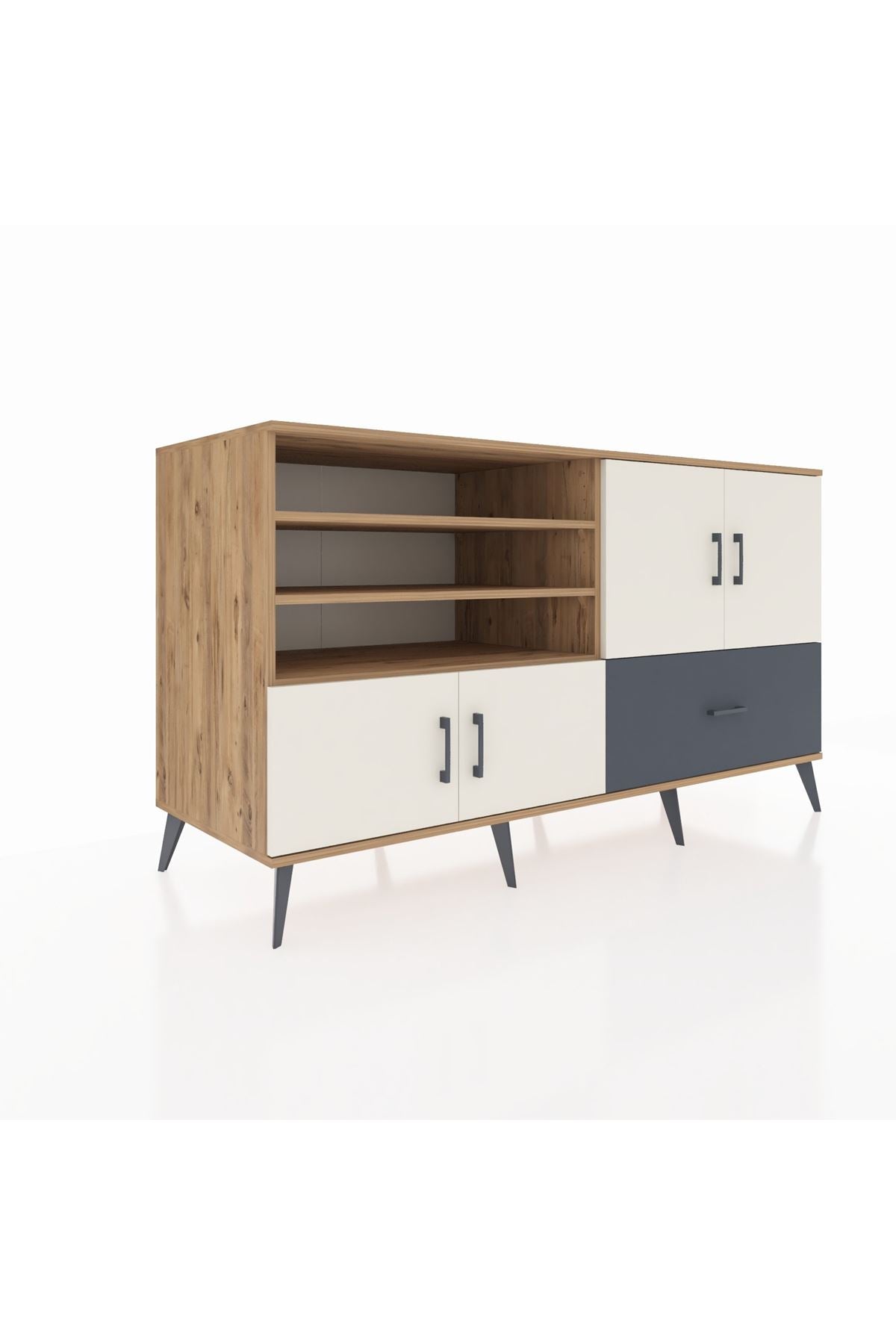 Kronos Konsol 5 Raflı Tek Çekmeceli 4 Kapaklı 176x59x99 Çam-Aytaşı/Antrasit