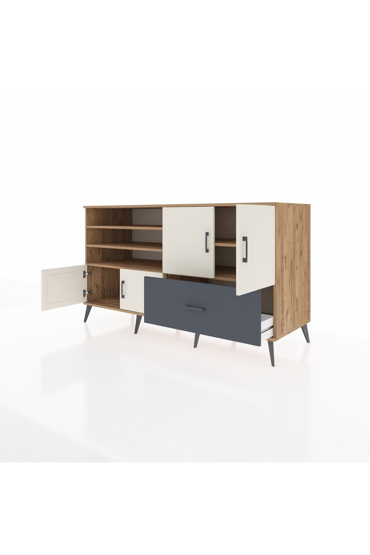 Kronos Konsol 5 Raflı Tek Çekmeceli 4 Kapaklı 176x59x99 Çam-Aytaşı/Antrasit