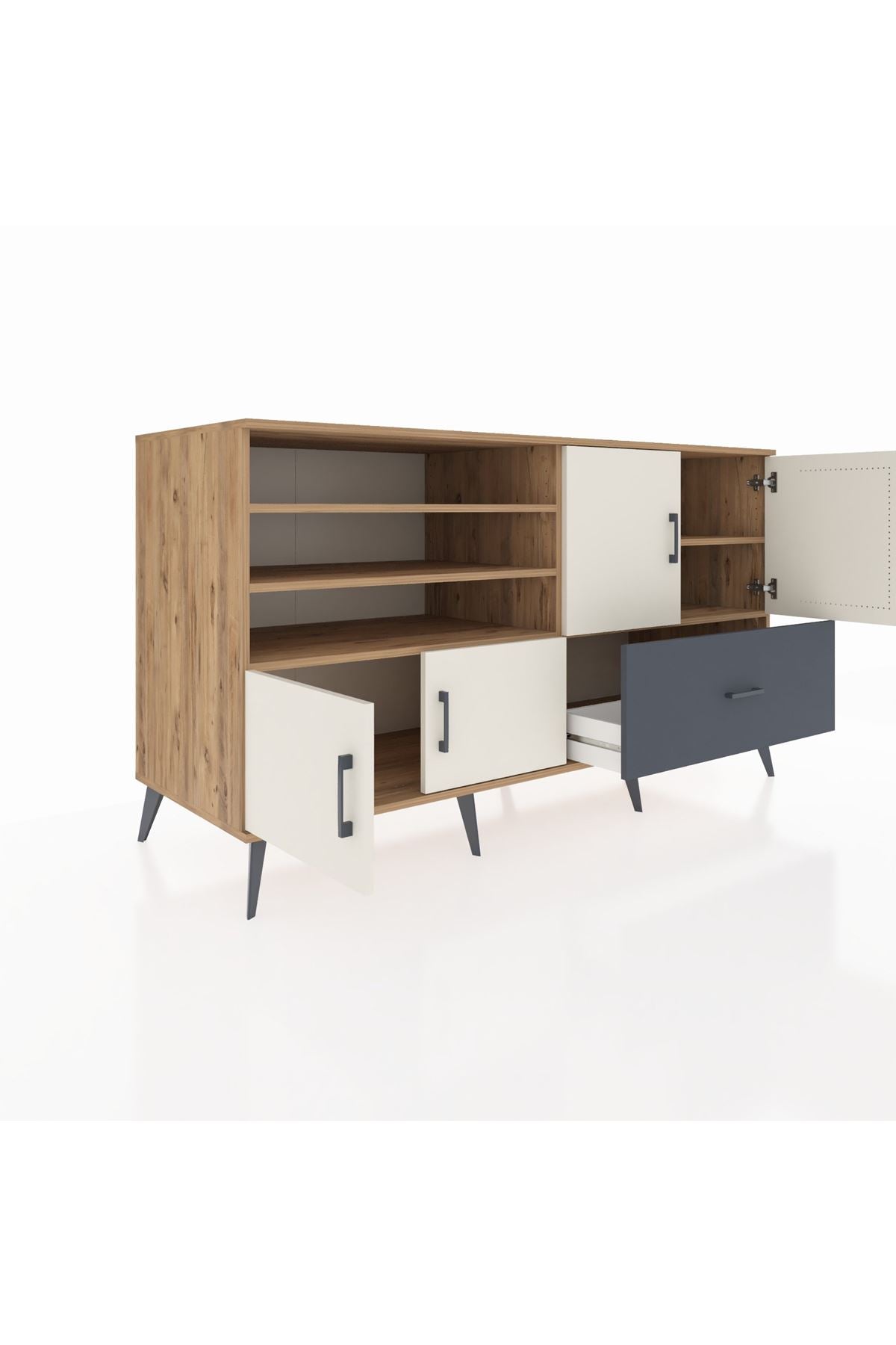 Kronos Konsol 5 Raflı Tek Çekmeceli 4 Kapaklı 176x59x99 Çam-Aytaşı/Antrasit