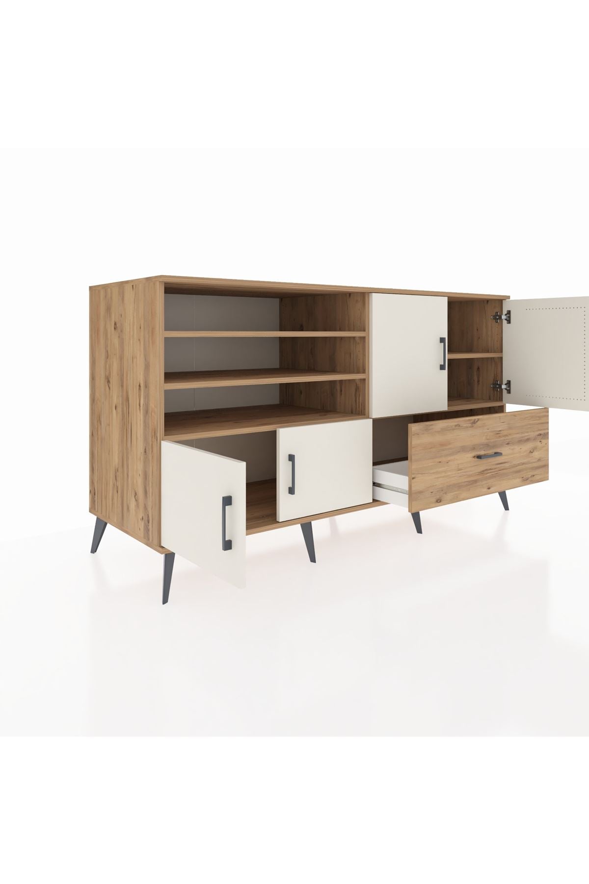 Kronos Konsol 5 Raflı Tek Çekmeceli 4 Kapaklı 176x59x99 Çam-Aytaşı/Çam