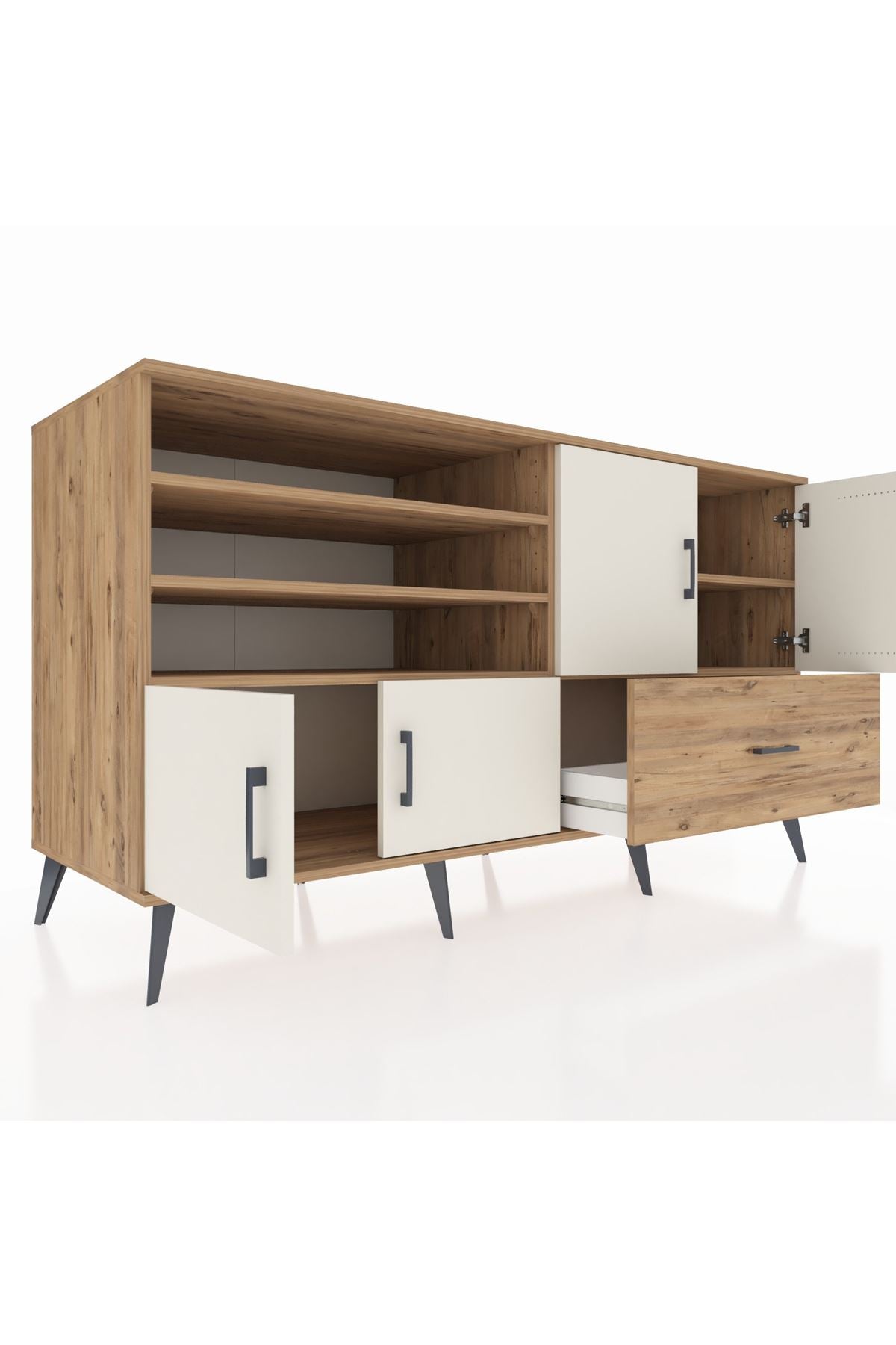 Kronos Konsol 5 Raflı Tek Çekmeceli 4 Kapaklı 176x59x99 Çam-Aytaşı/Çam