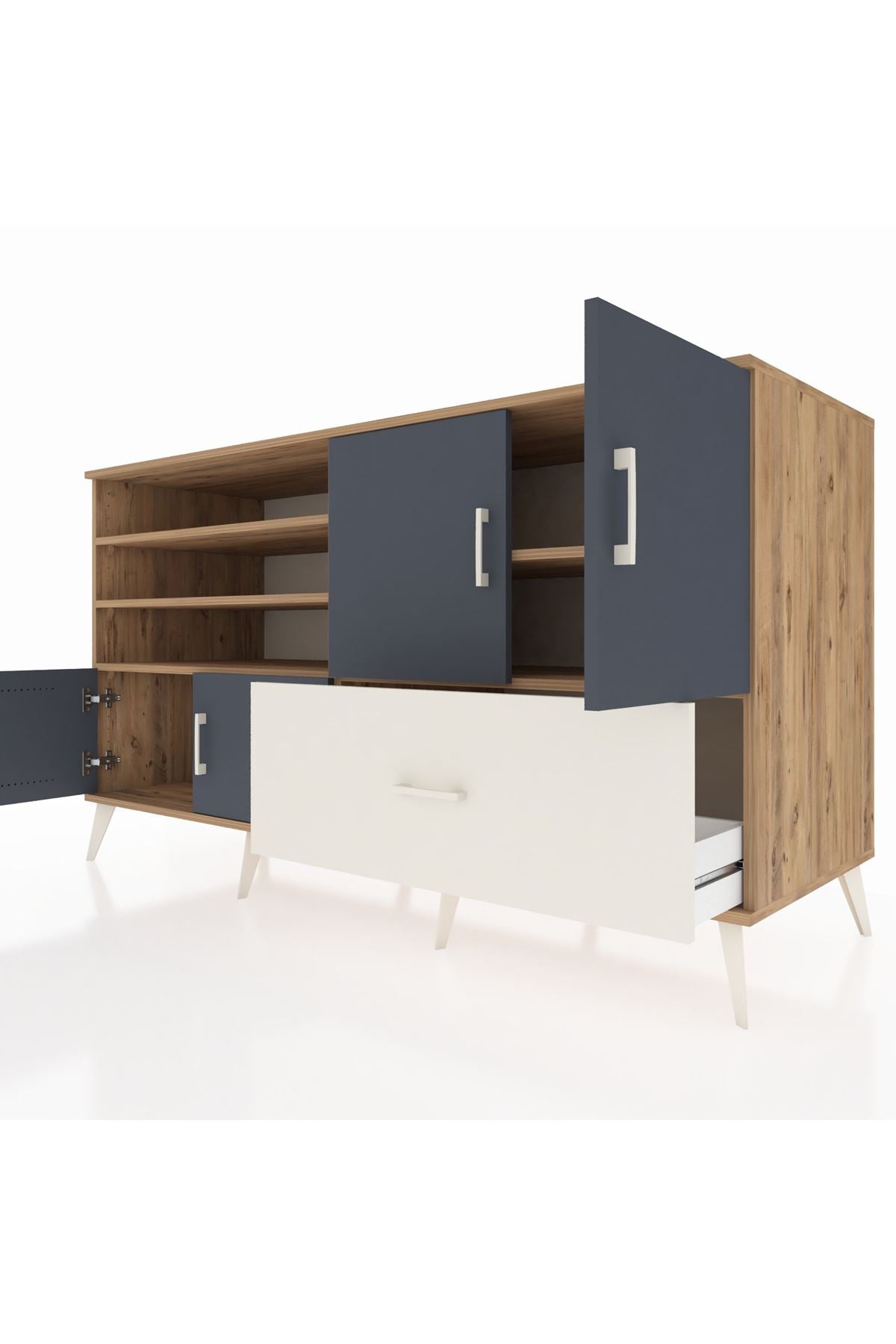 Kronos Konsol 5 Raflı Tek Çekmeceli 4 Kapaklı 176x59x99 Çam-Antrasit/Aytaşı