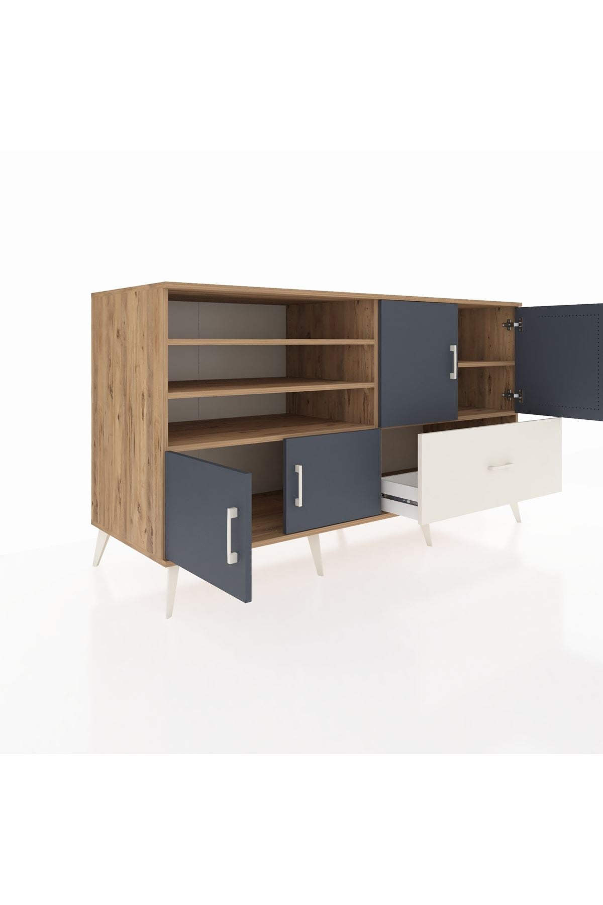 Kronos Konsol 5 Raflı Tek Çekmeceli 4 Kapaklı 176x59x99 Çam-Antrasit/Aytaşı