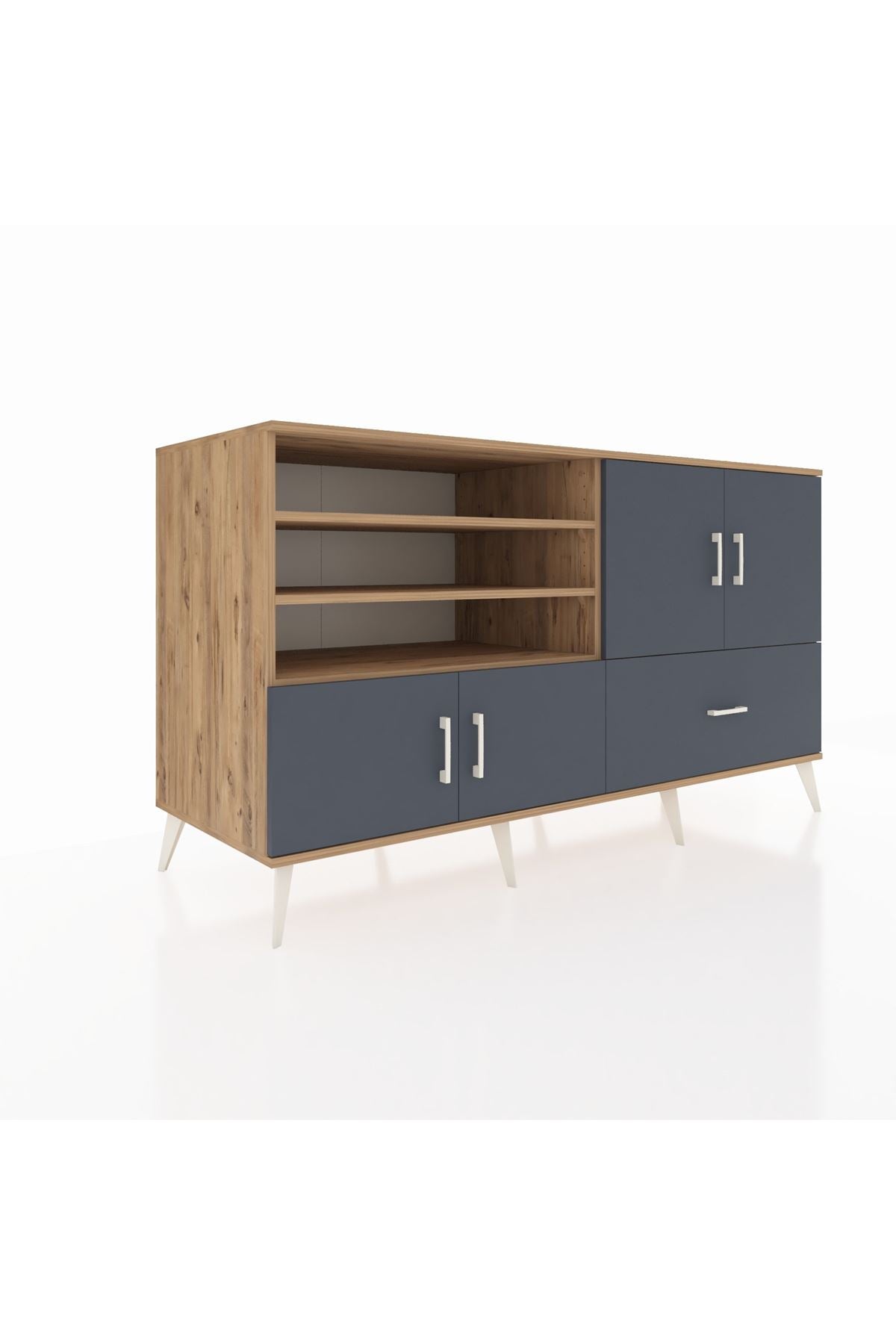 Kronos Konsol 5 Raflı Tek Çekmeceli 4 Kapaklı 176x59x99 Çam-Antrasit