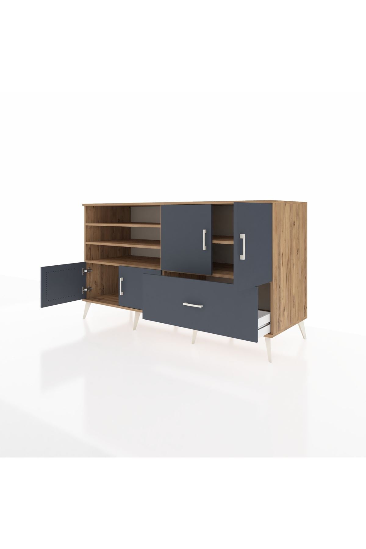 Kronos Konsol 5 Raflı Tek Çekmeceli 4 Kapaklı 176x59x99 Çam-Antrasit