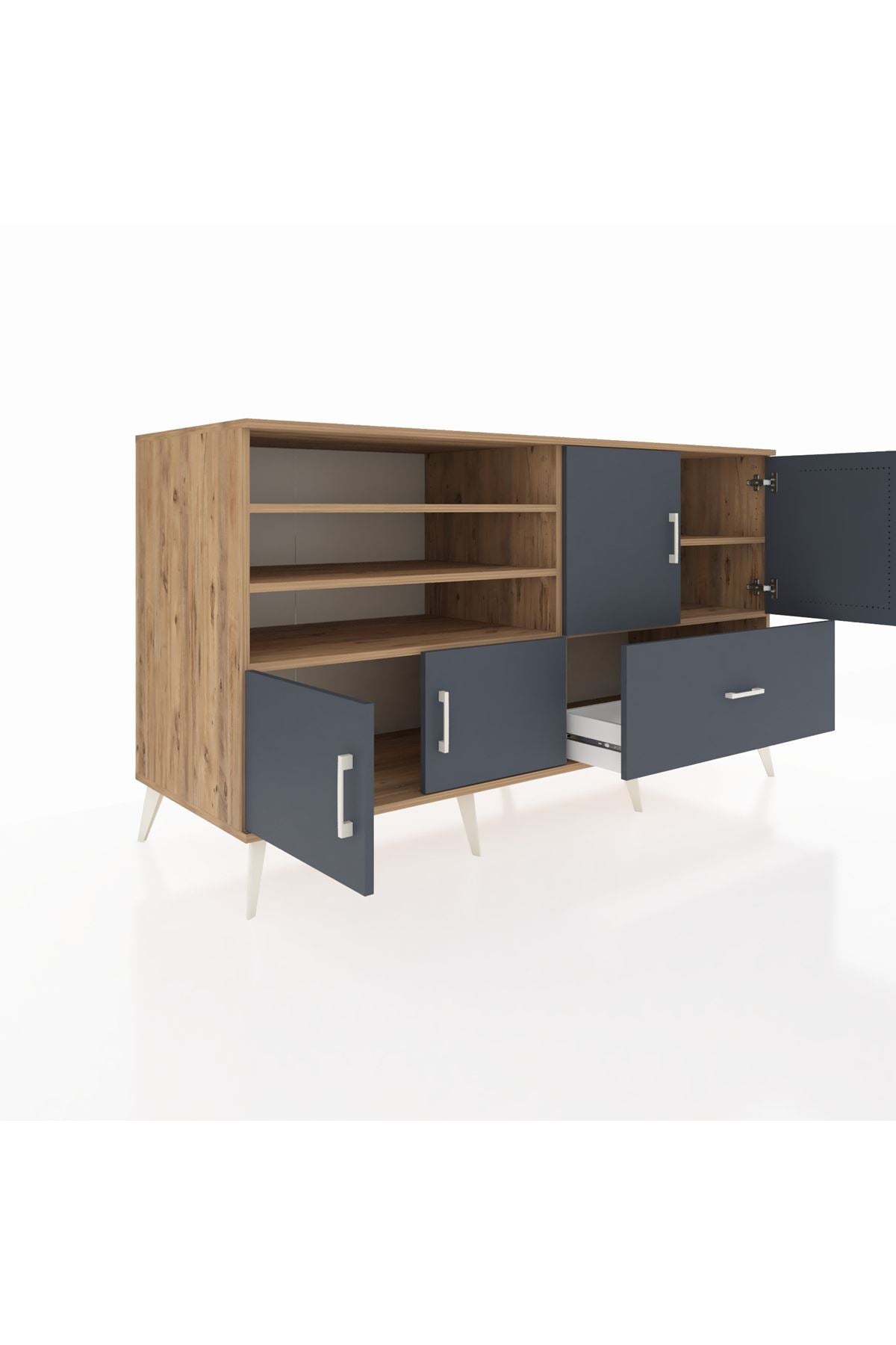 Kronos Konsol 5 Raflı Tek Çekmeceli 4 Kapaklı 176x59x99 Çam-Antrasit