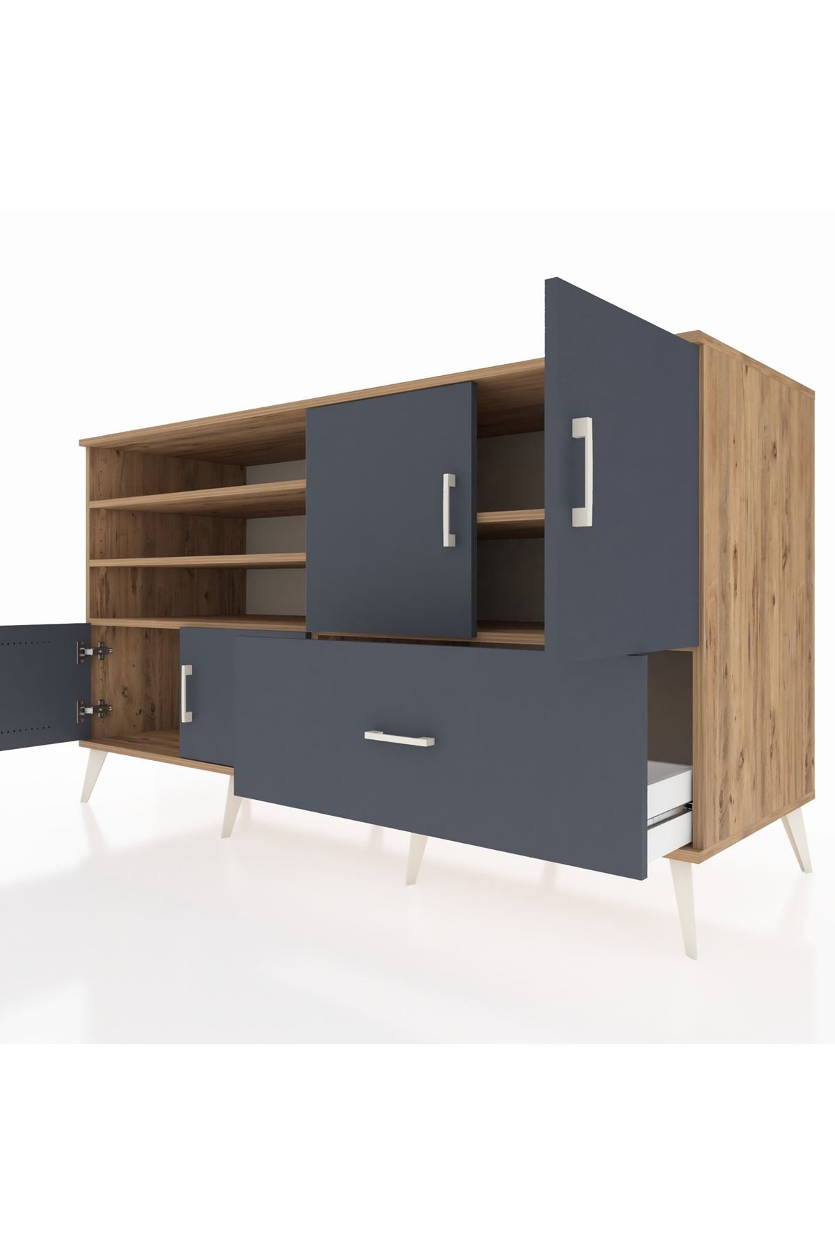 Kronos Konsol 5 Raflı Tek Çekmeceli 4 Kapaklı 176x59x99 Çam-Antrasit