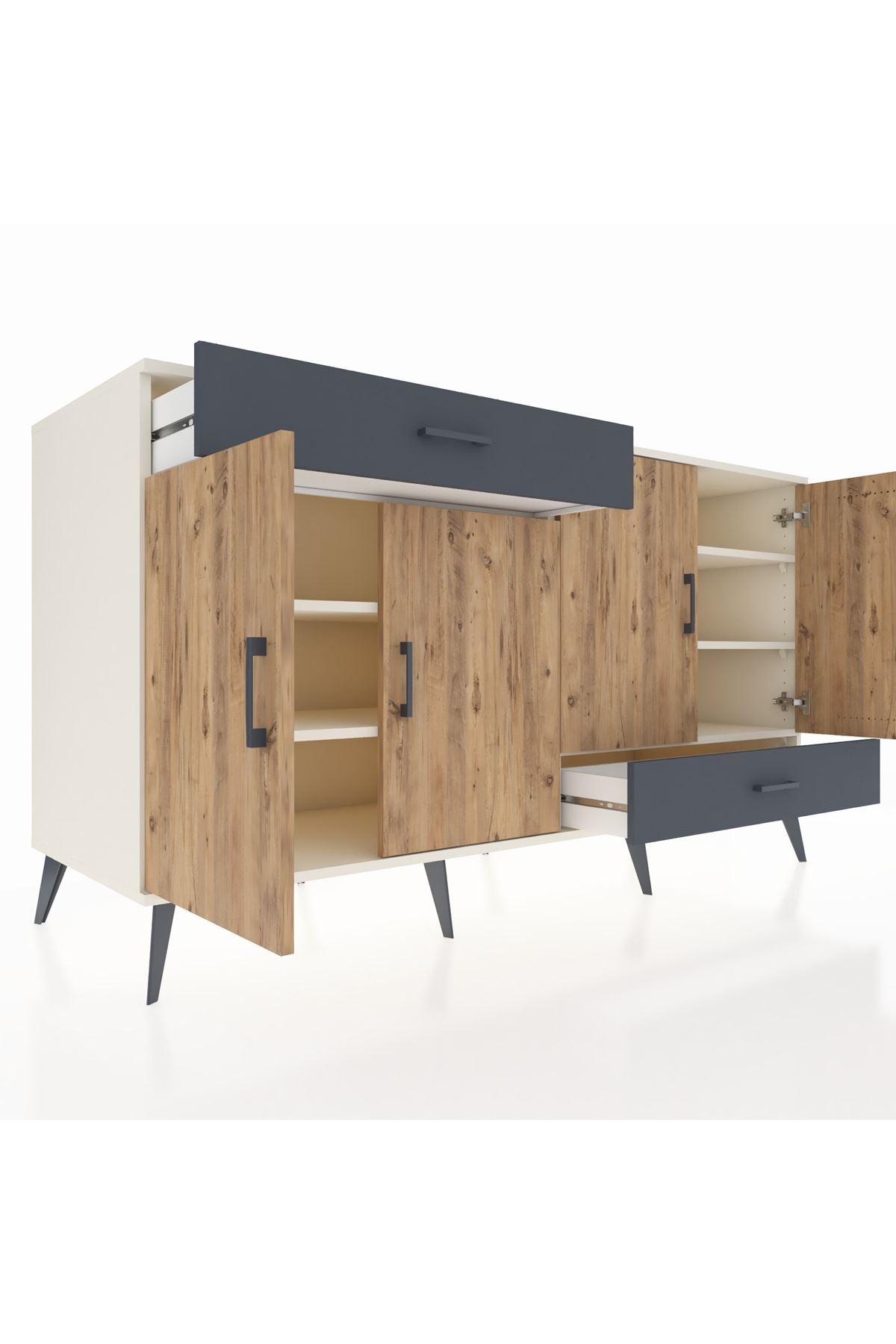 Kronos Konsol 5 Raflı 2 Çekmeceli 4 Kapaklı 176x59x99 Aytaşı-Çam/Antrasit