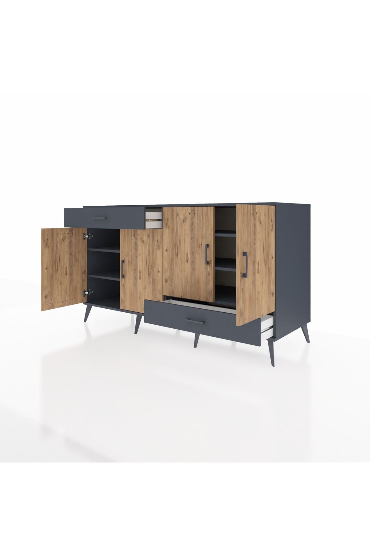 Kronos Konsol 5 Raflı 2 Çekmeceli 4 Kapaklı 176x59x99 Antrasit-Çam/Antrasit