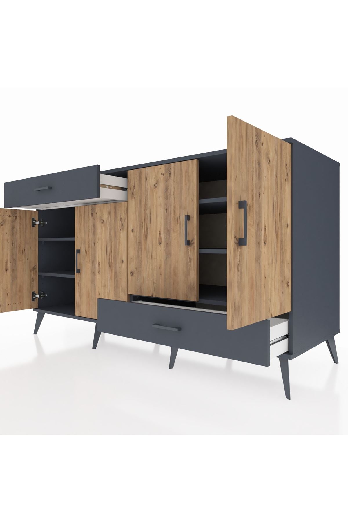 Kronos Konsol 5 Raflı 2 Çekmeceli 4 Kapaklı 176x59x99 Antrasit-Çam/Antrasit