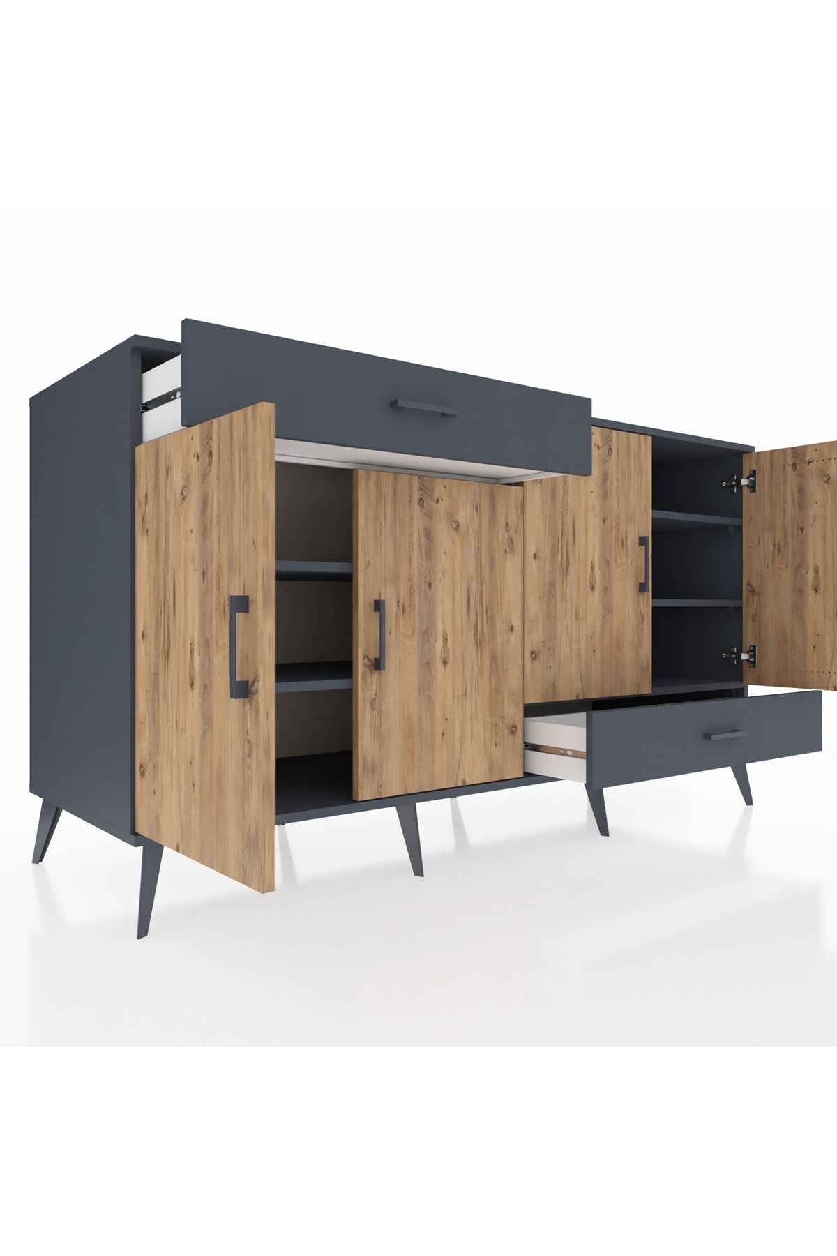 Kronos Konsol 5 Raflı 2 Çekmeceli 4 Kapaklı 176x59x99 Antrasit-Çam/Antrasit