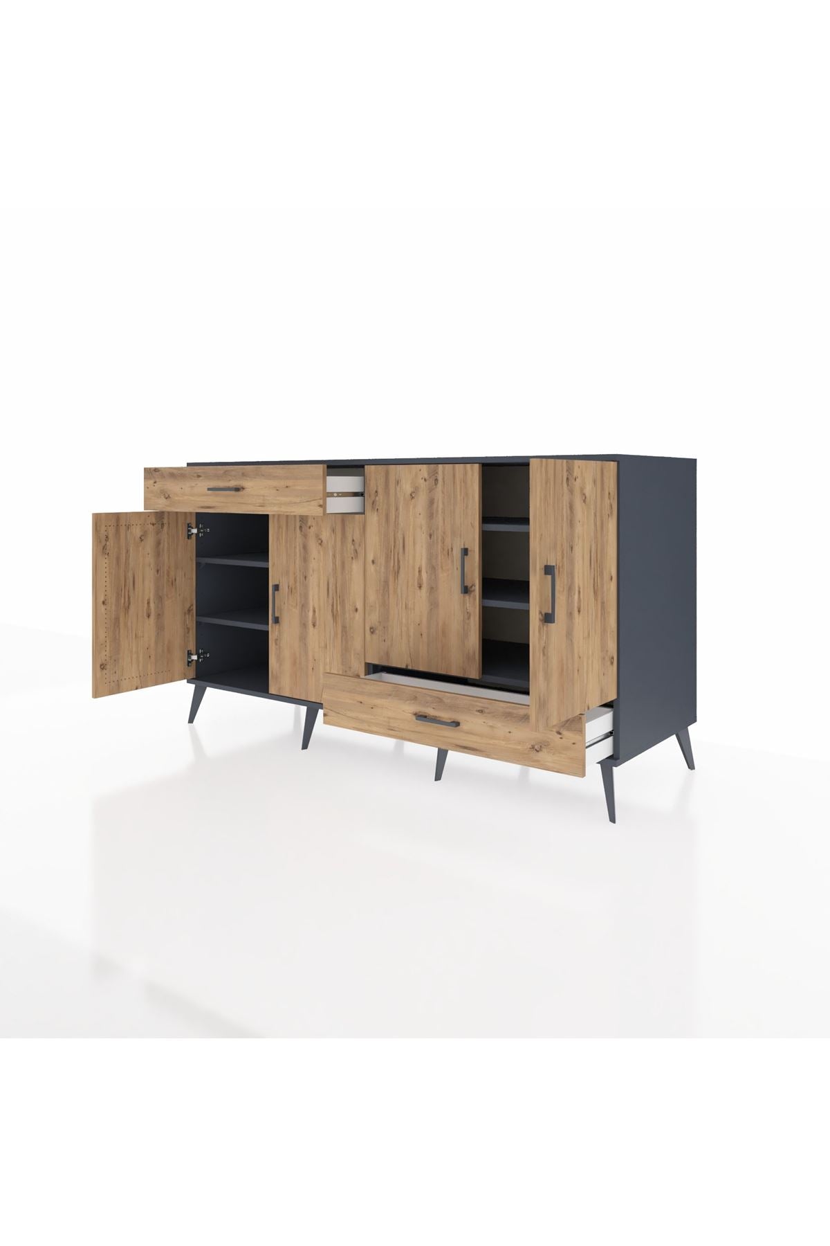 Kronos Konsol 5 Raflı 2 Çekmeceli 4 Kapaklı 176x59x99 Antrasit-Çam