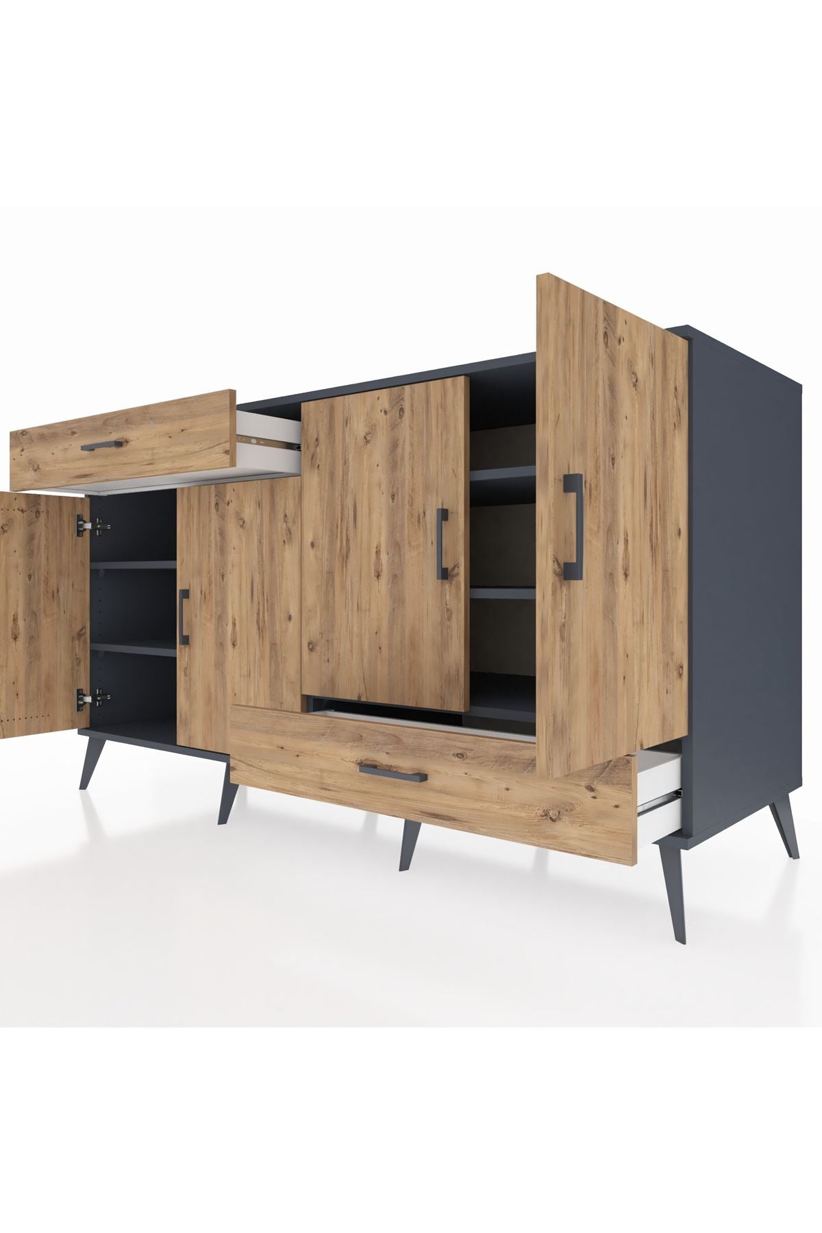 Kronos Konsol 5 Raflı 2 Çekmeceli 4 Kapaklı 176x59x99 Antrasit-Çam