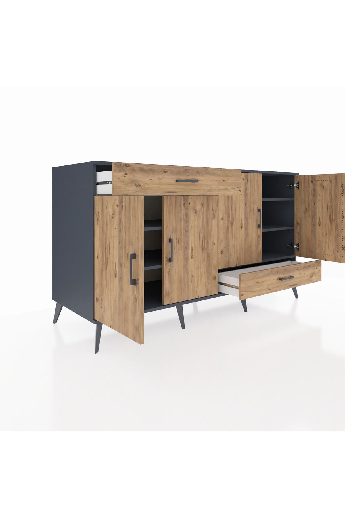 Kronos Konsol 5 Raflı 2 Çekmeceli 4 Kapaklı 176x59x99 Antrasit-Çam