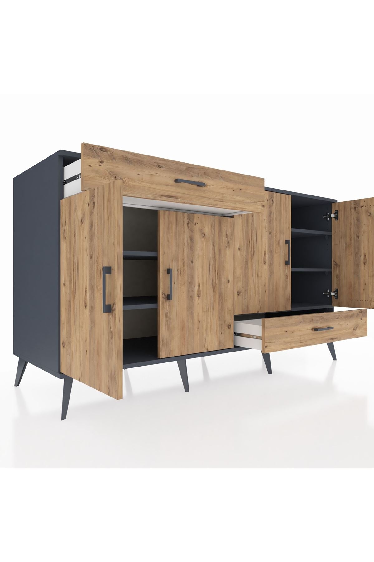 Kronos Konsol 5 Raflı 2 Çekmeceli 4 Kapaklı 176x59x99 Antrasit-Çam