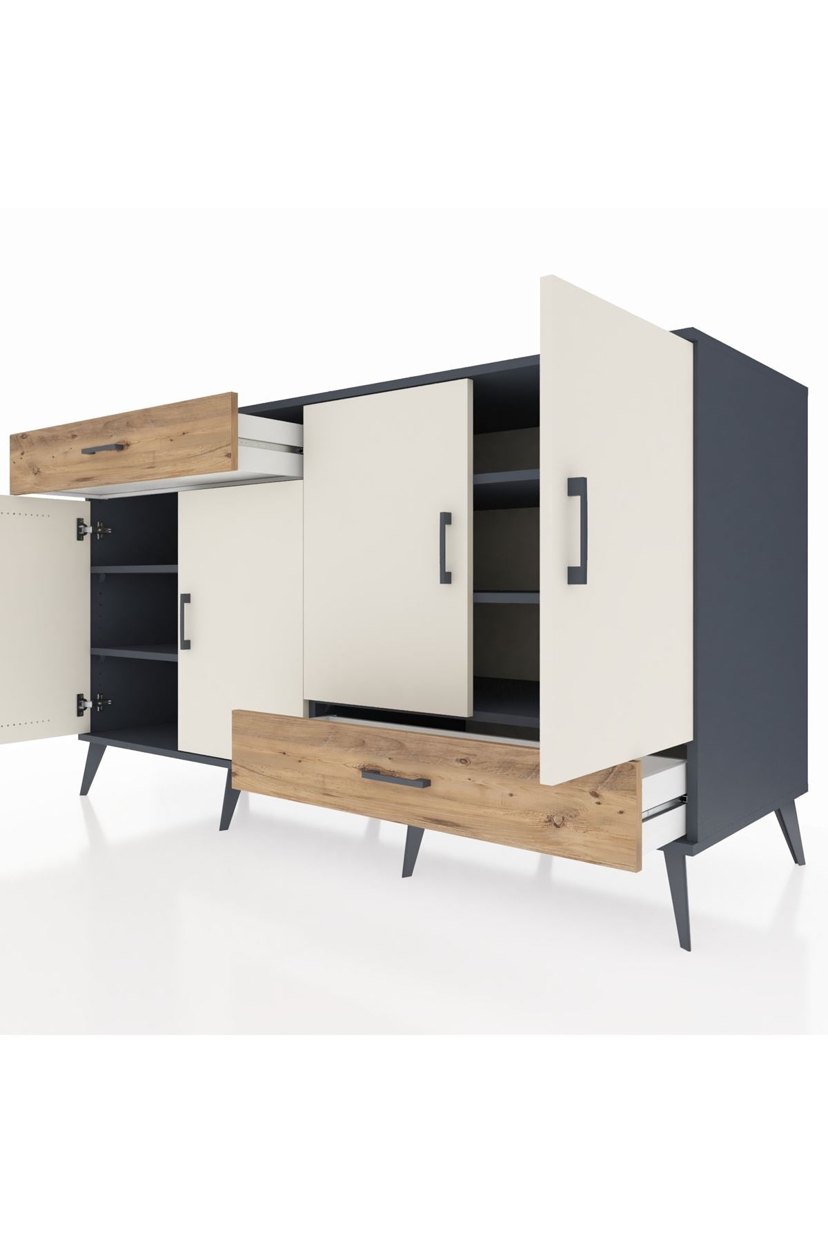 Kronos Konsol 5 Raflı 2 Çekmeceli 4 Kapaklı 176x59x99 Antrasit-Aytaşı/Çam