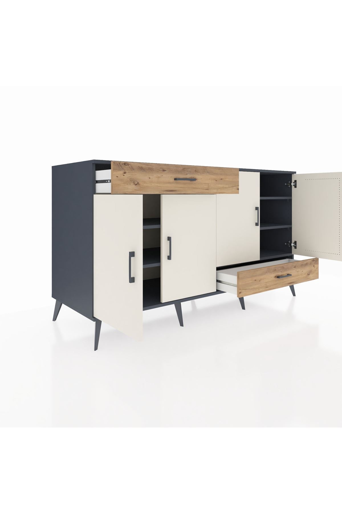 Kronos Konsol 5 Raflı 2 Çekmeceli 4 Kapaklı 176x59x99 Antrasit-Aytaşı/Çam