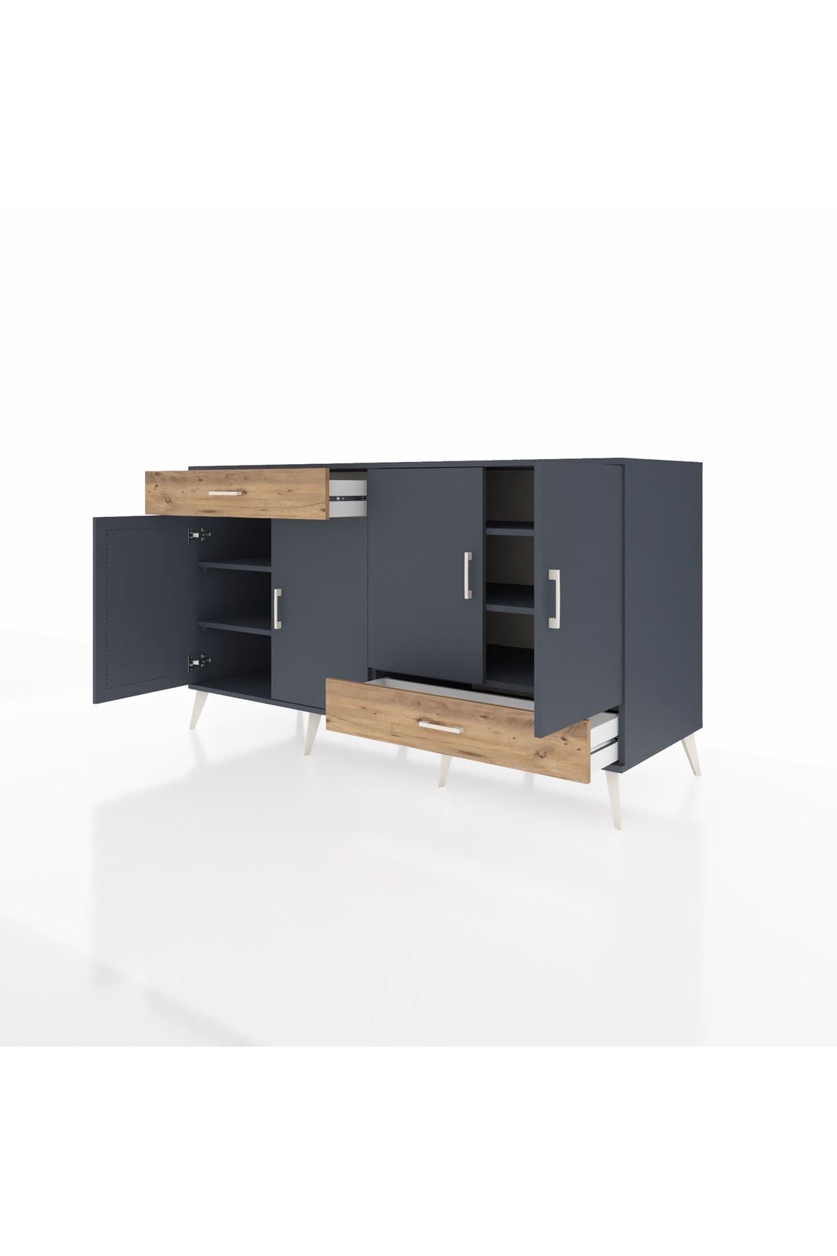 Kronos Konsol 5 Raflı 2 Çekmeceli 4 Kapaklı 176x59x99 Antrasit-Antrasit/Çam