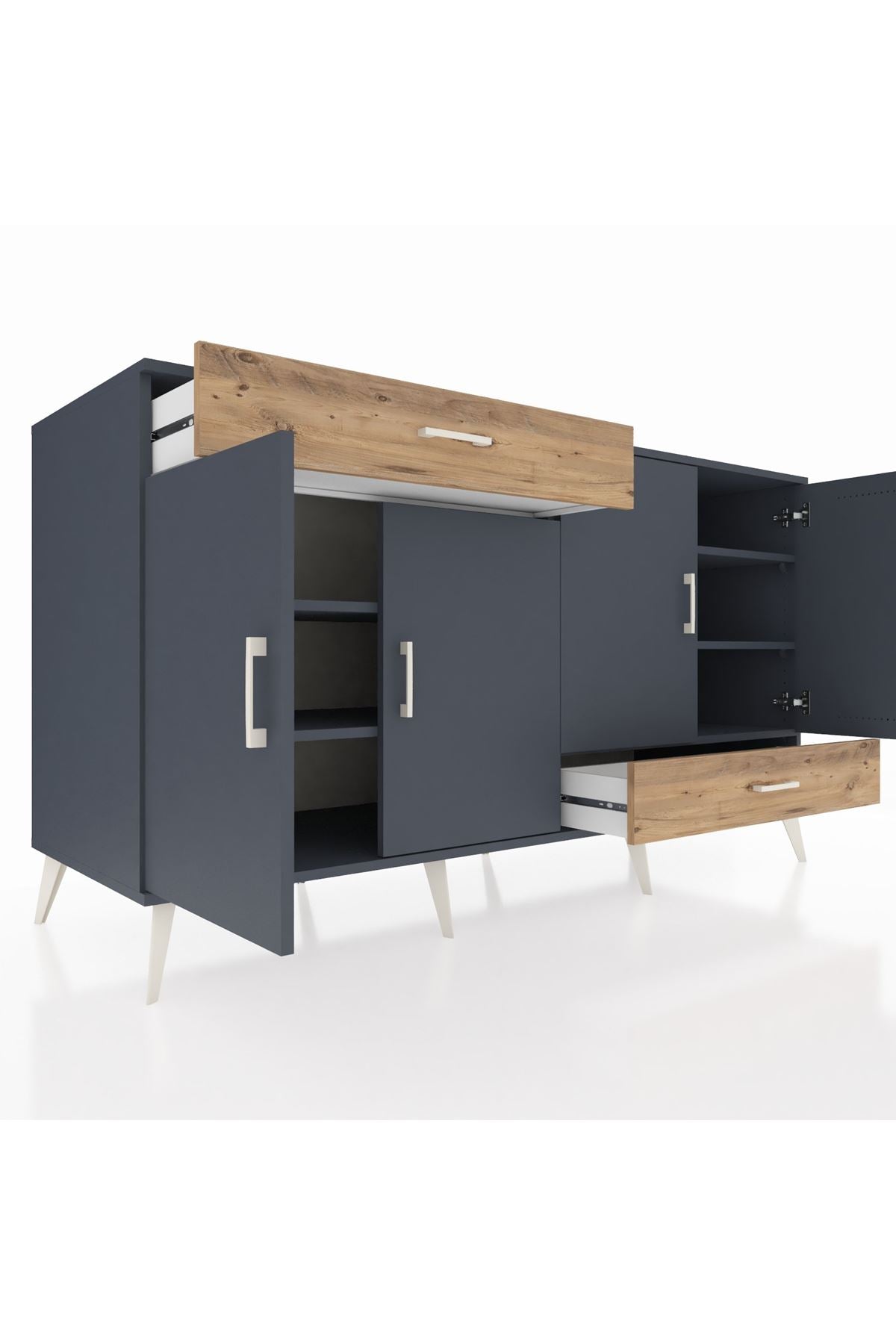 Kronos Konsol 5 Raflı 2 Çekmeceli 4 Kapaklı 176x59x99 Antrasit-Antrasit/Çam