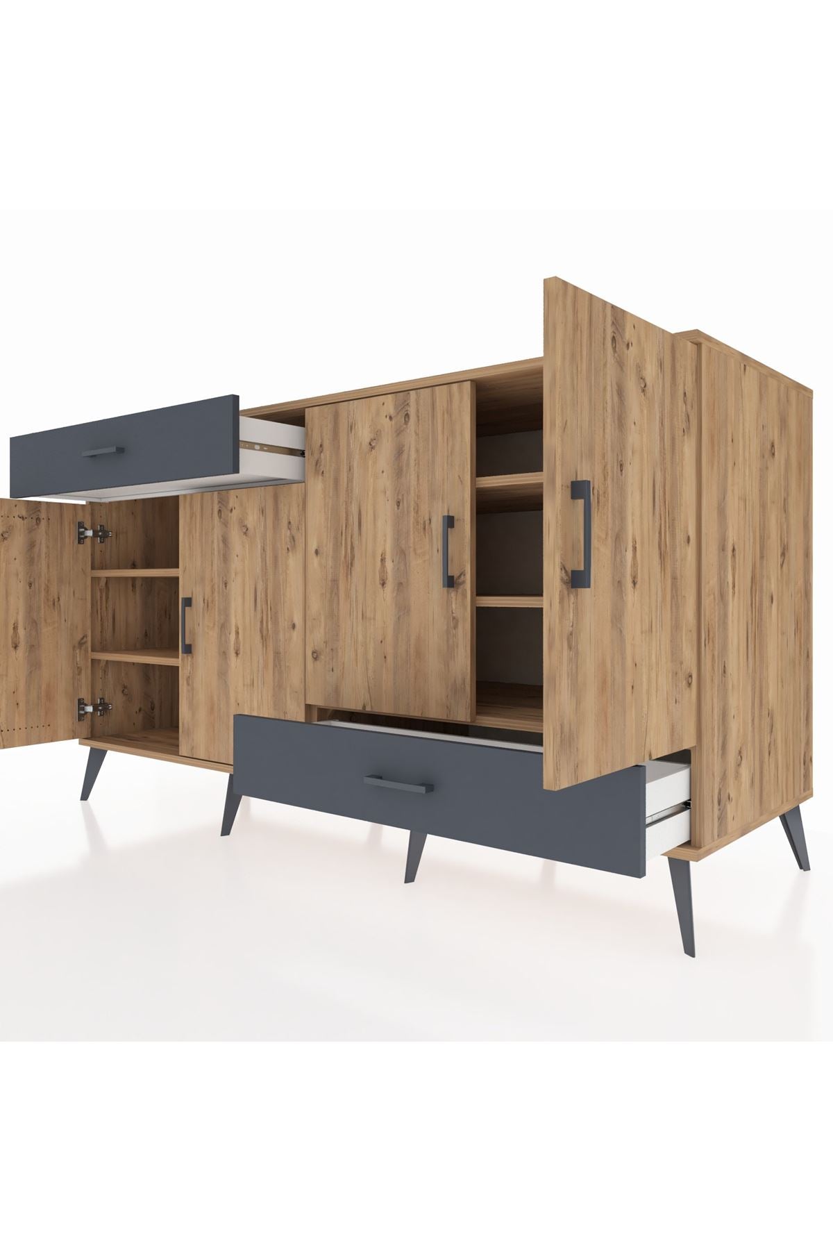 Kronos Konsol 5 Raflı 2 Çekmeceli 4 Kapaklı 176x59x99 Çam-Çam/Antrasit