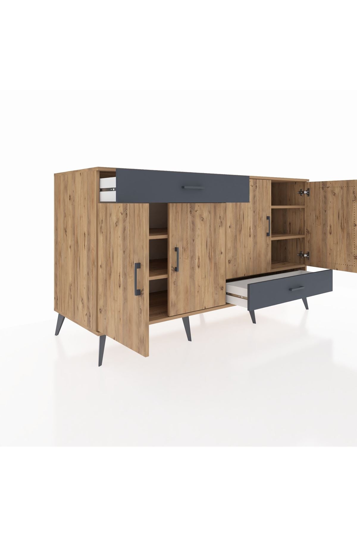 Kronos Konsol 5 Raflı 2 Çekmeceli 4 Kapaklı 176x59x99 Çam-Çam/Antrasit