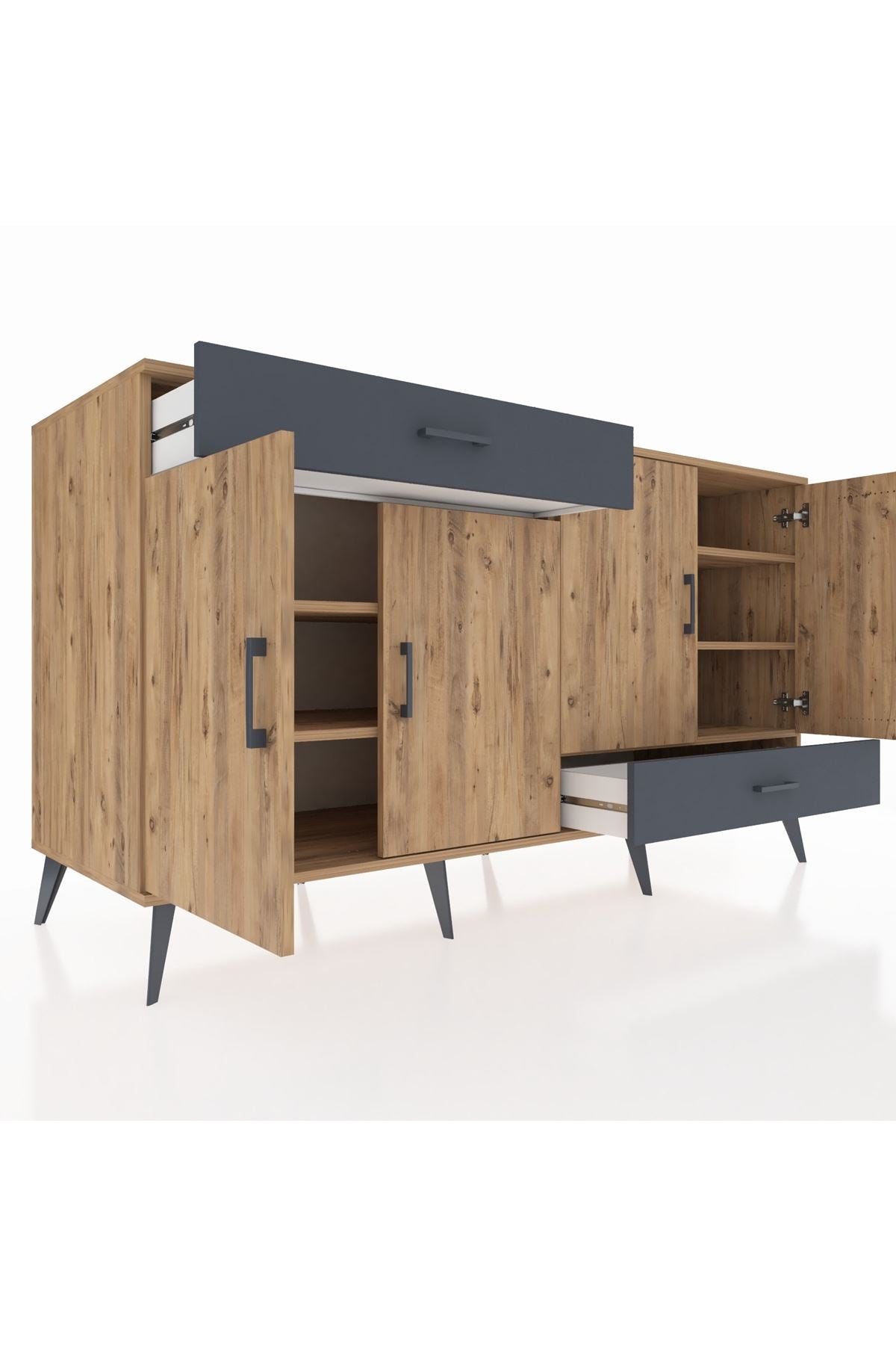 Kronos Konsol 5 Raflı 2 Çekmeceli 4 Kapaklı 176x59x99 Çam-Çam/Antrasit